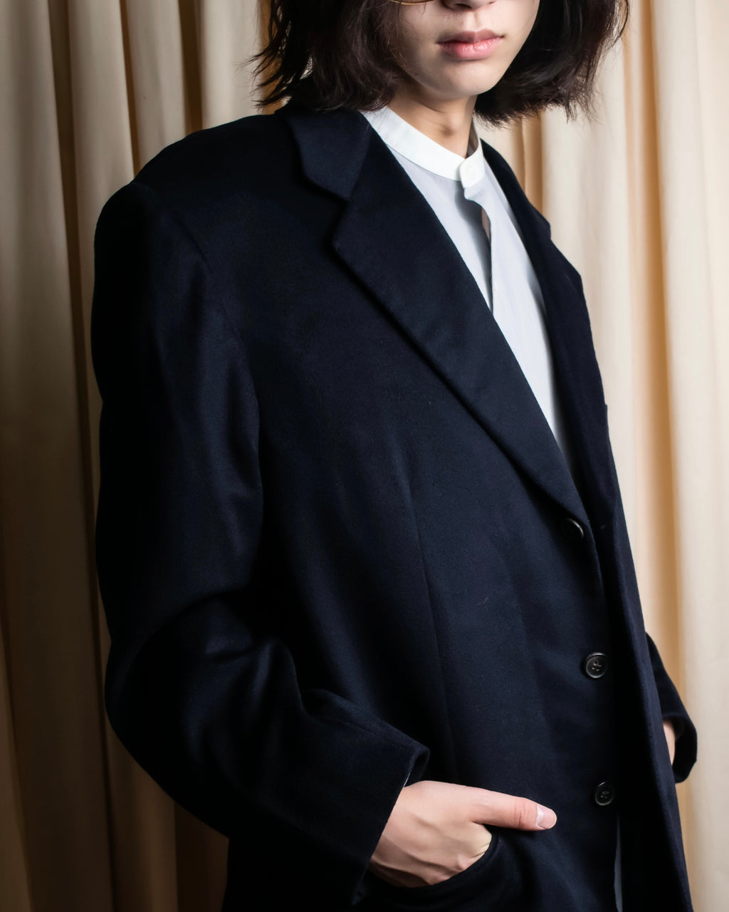"HERMES" 90's Pure cashmere navy blue tailored jacket