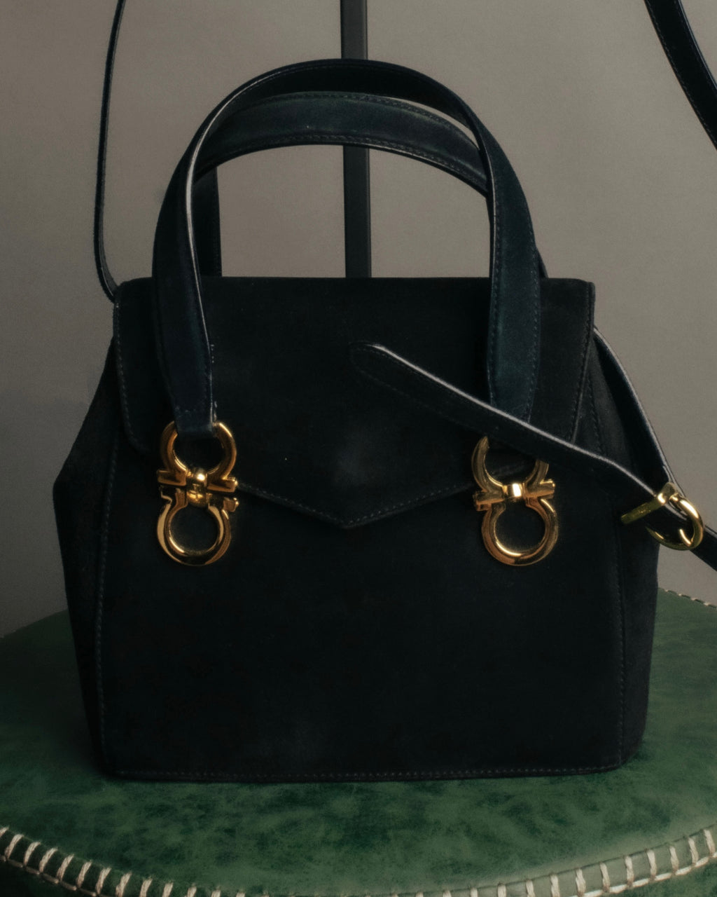 “Salvatore Ferragamo” 1995 Double gancini suede leather handbag
