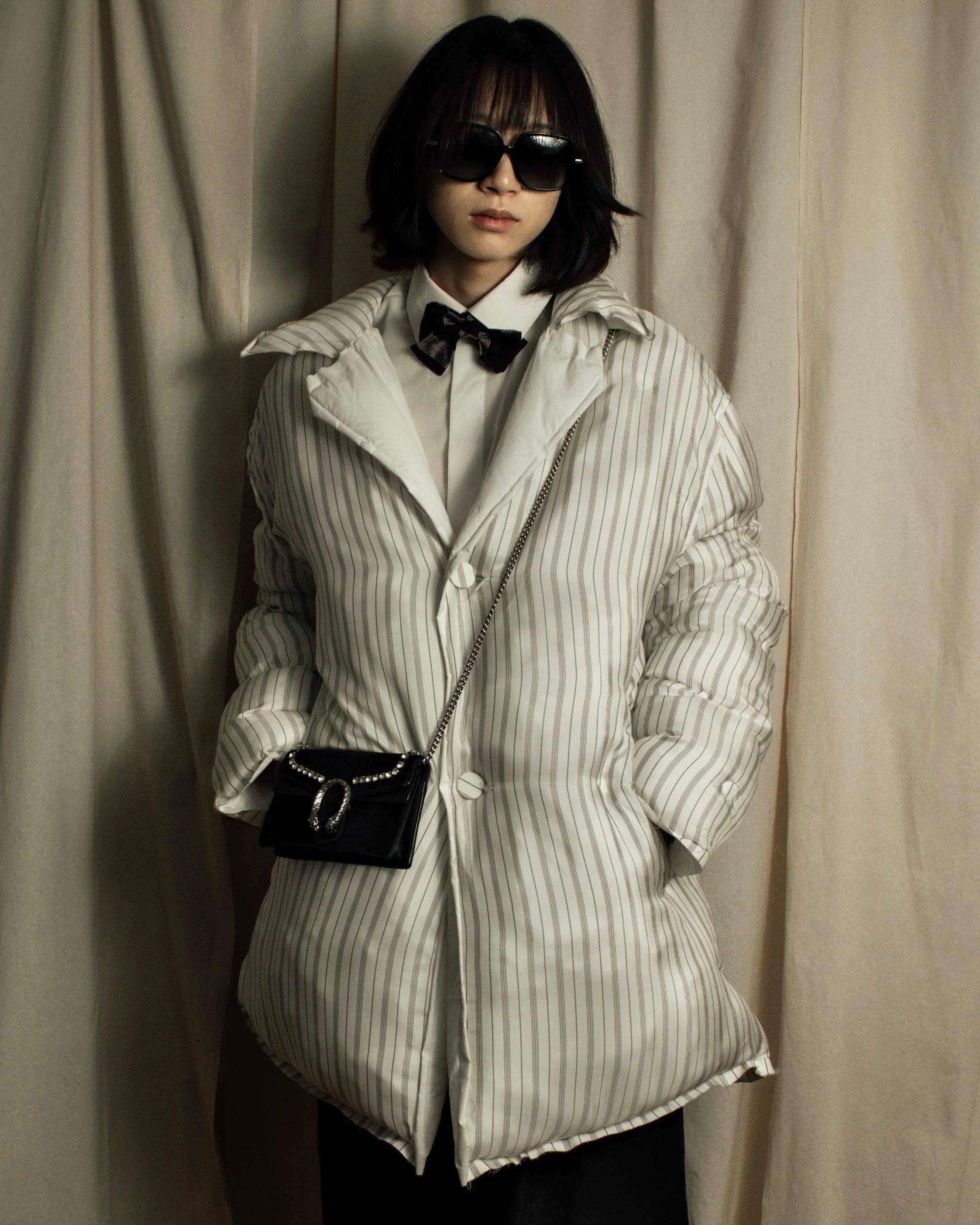 "MAISON MARGIELA" Multi-stripe pattern quilted padded oversized tailored coat