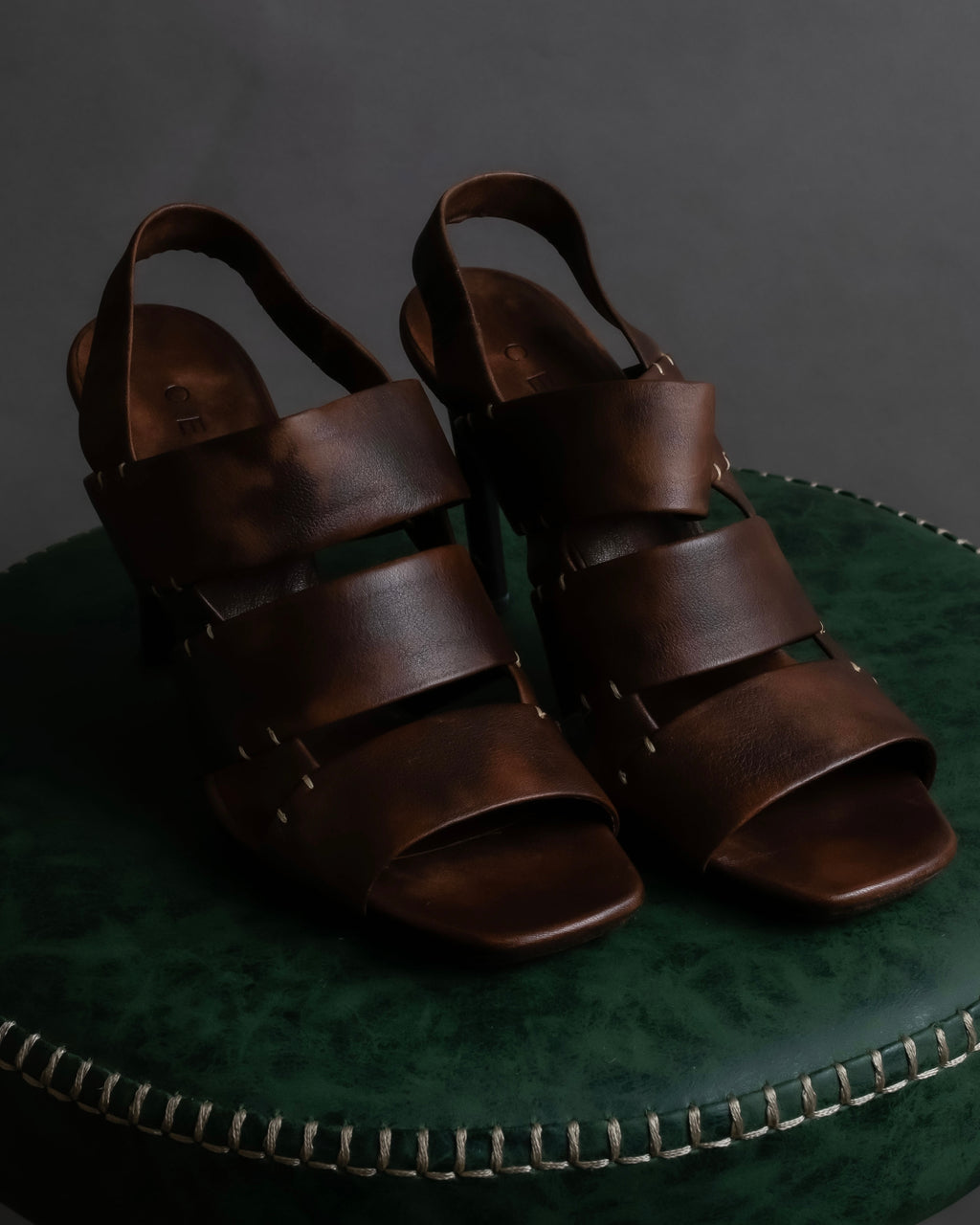 "CELINE" Layered belt detail leather heel sandals