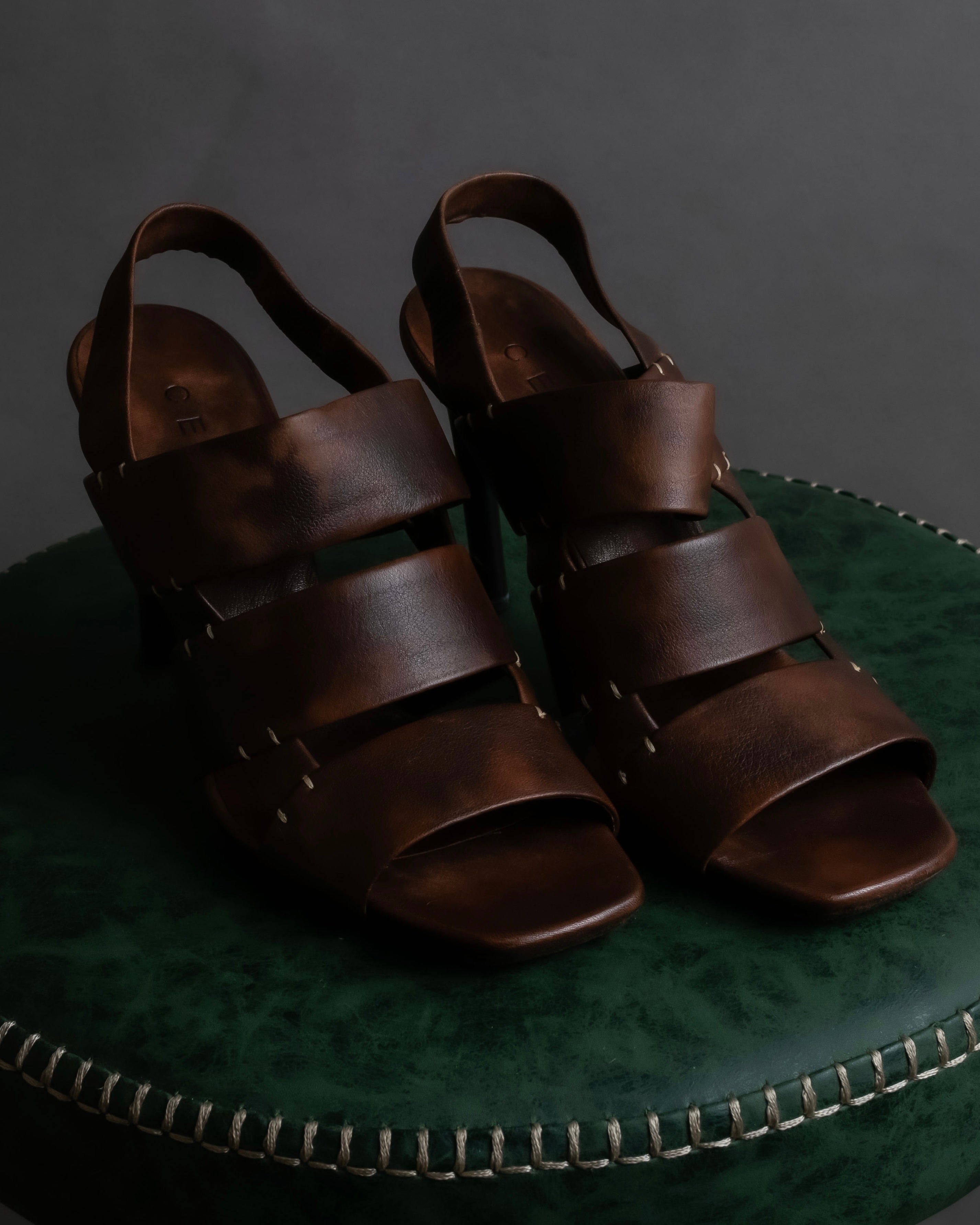 "CELINE" Layered belt detail leather heel sandals