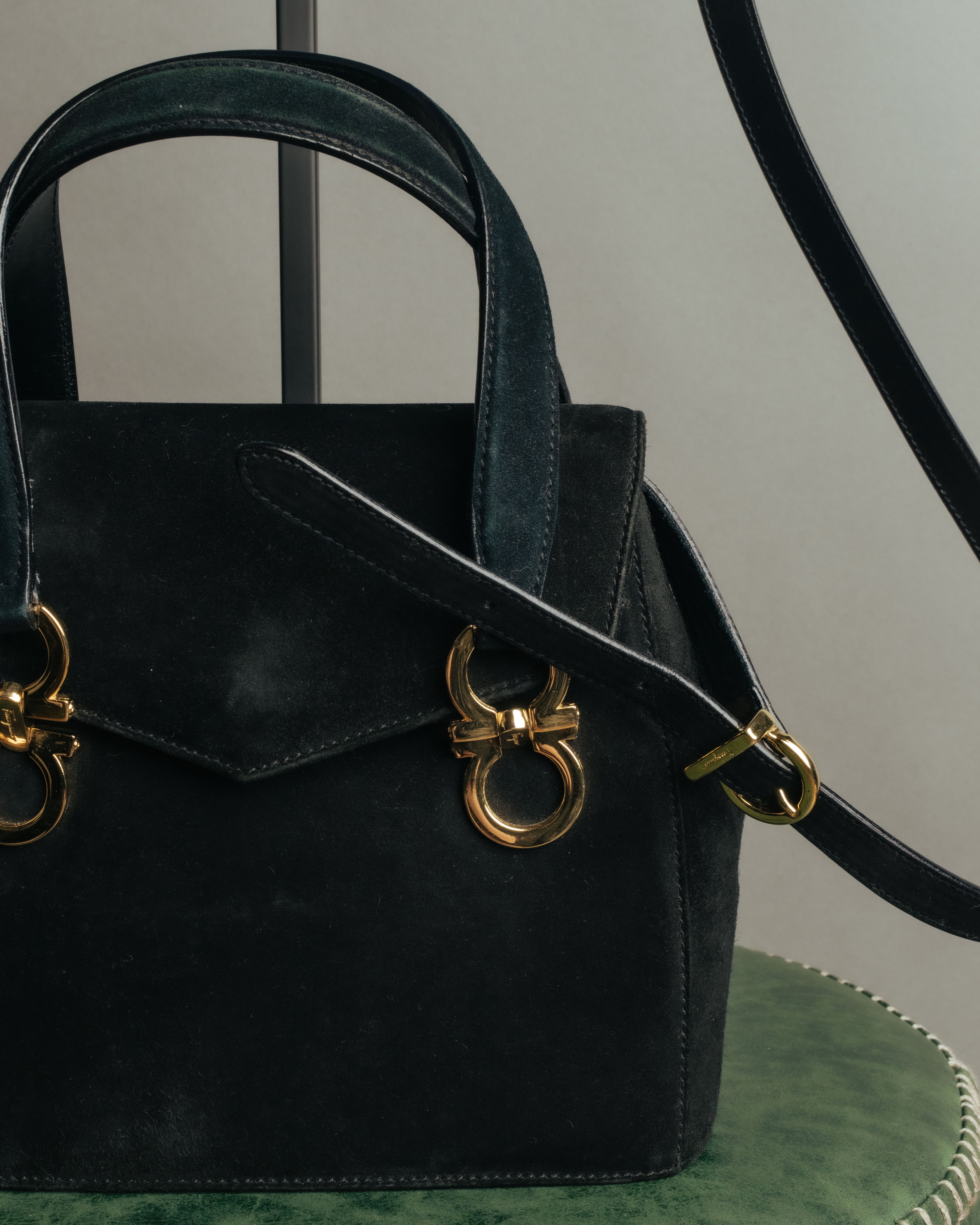 “Salvatore Ferragamo” 1995 Double gancini suede leather handbag