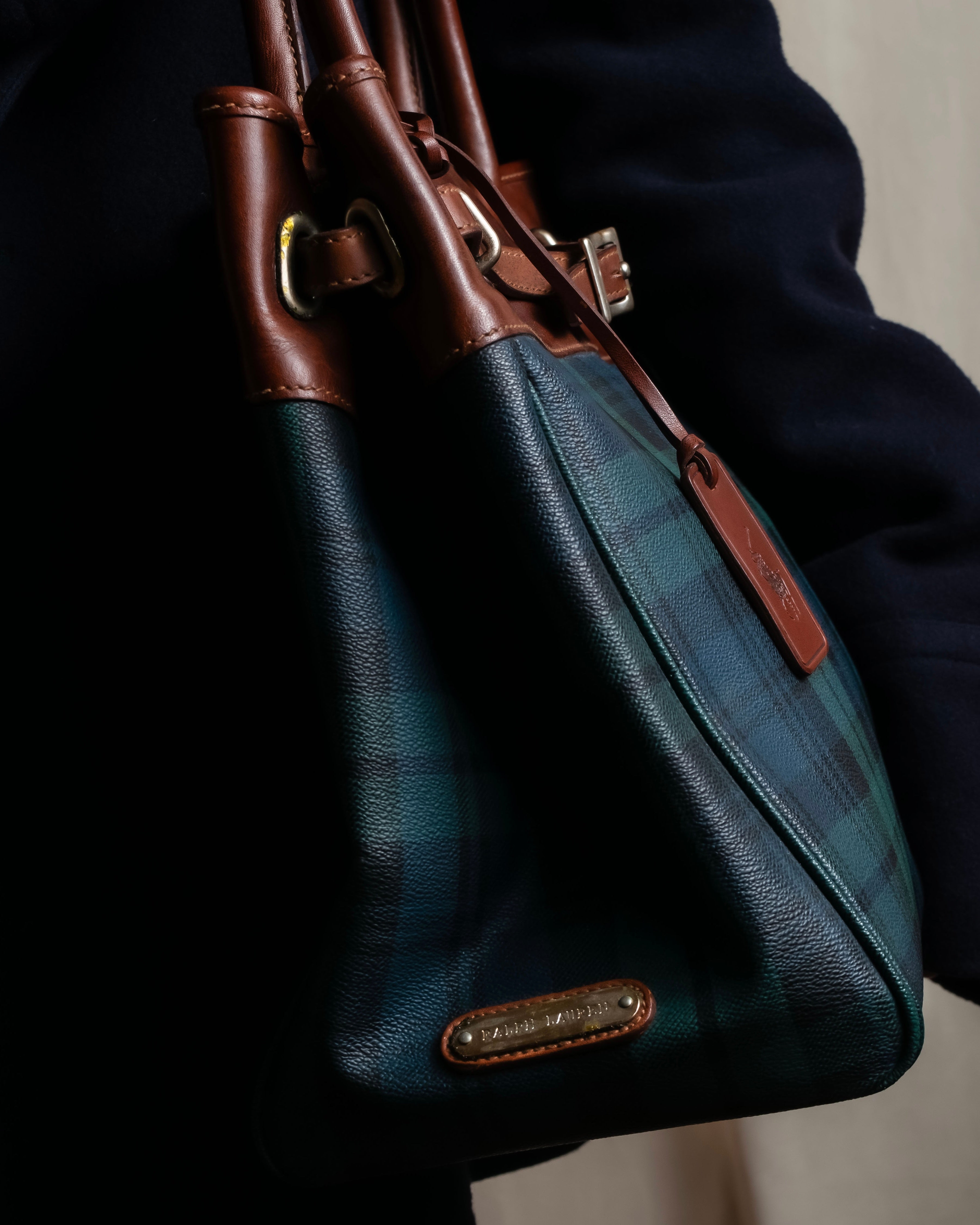 "Ralph Lauren" Blackwatch check canvas leather combination bag