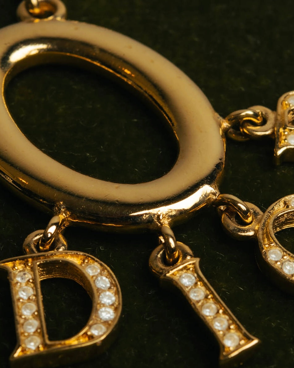 "Christian Dior" 90's-00's Gold tone logo charm pendant necklace
