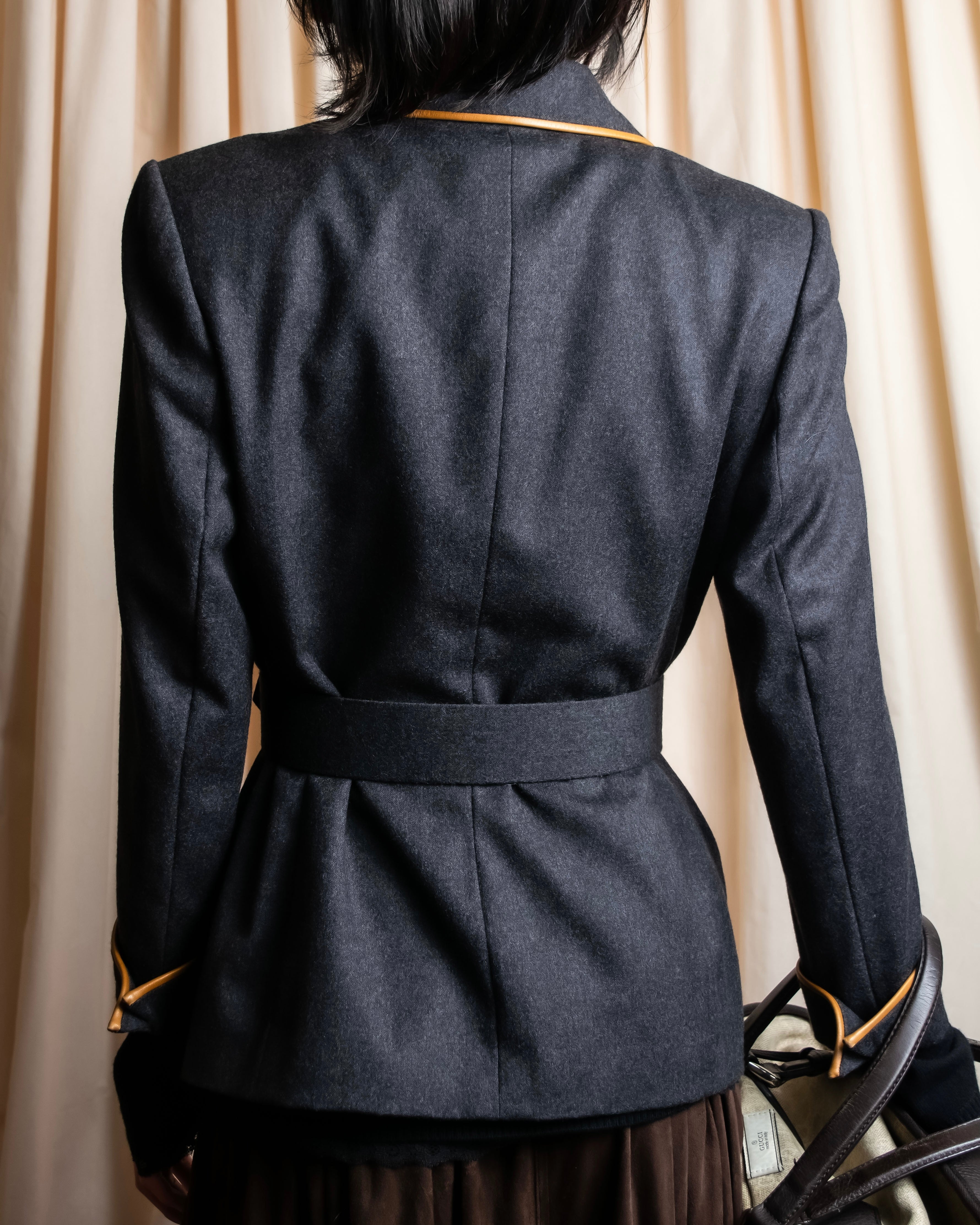 "HERMES" Vintage leather piping design belted tailored jacket