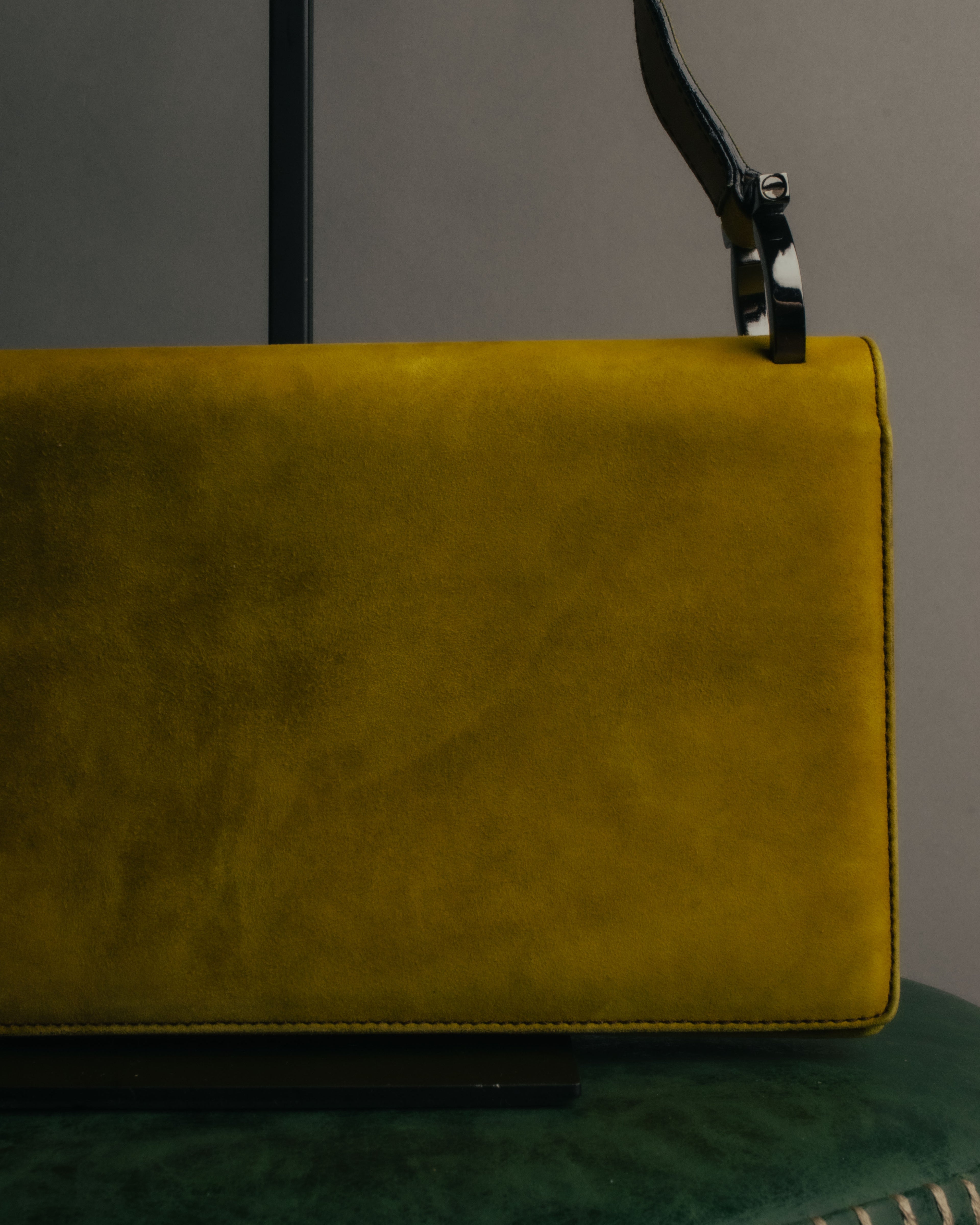 "Salvatore Ferragamo" 90's-00's Mustard yellow suede shoulder bag with oversized Gancini