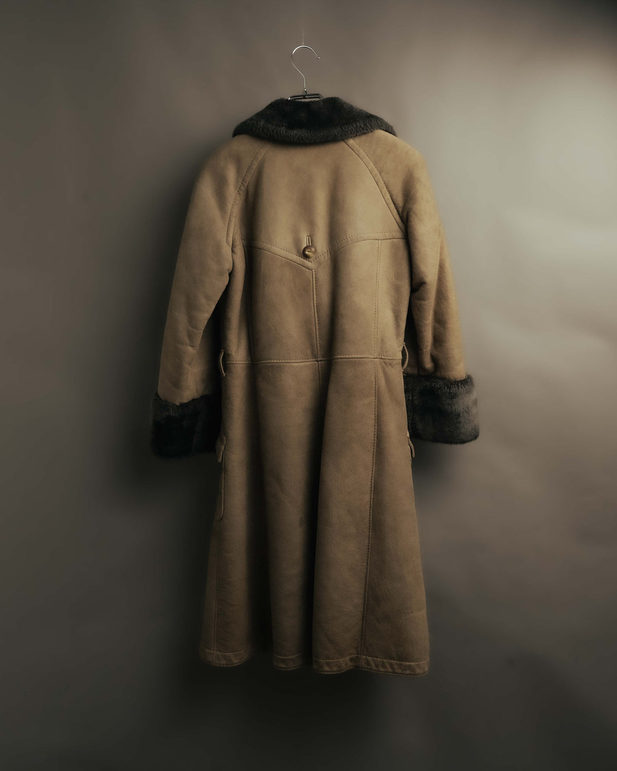 “LOEWE” 70’s-early 90’s Suede shearling belted long coat