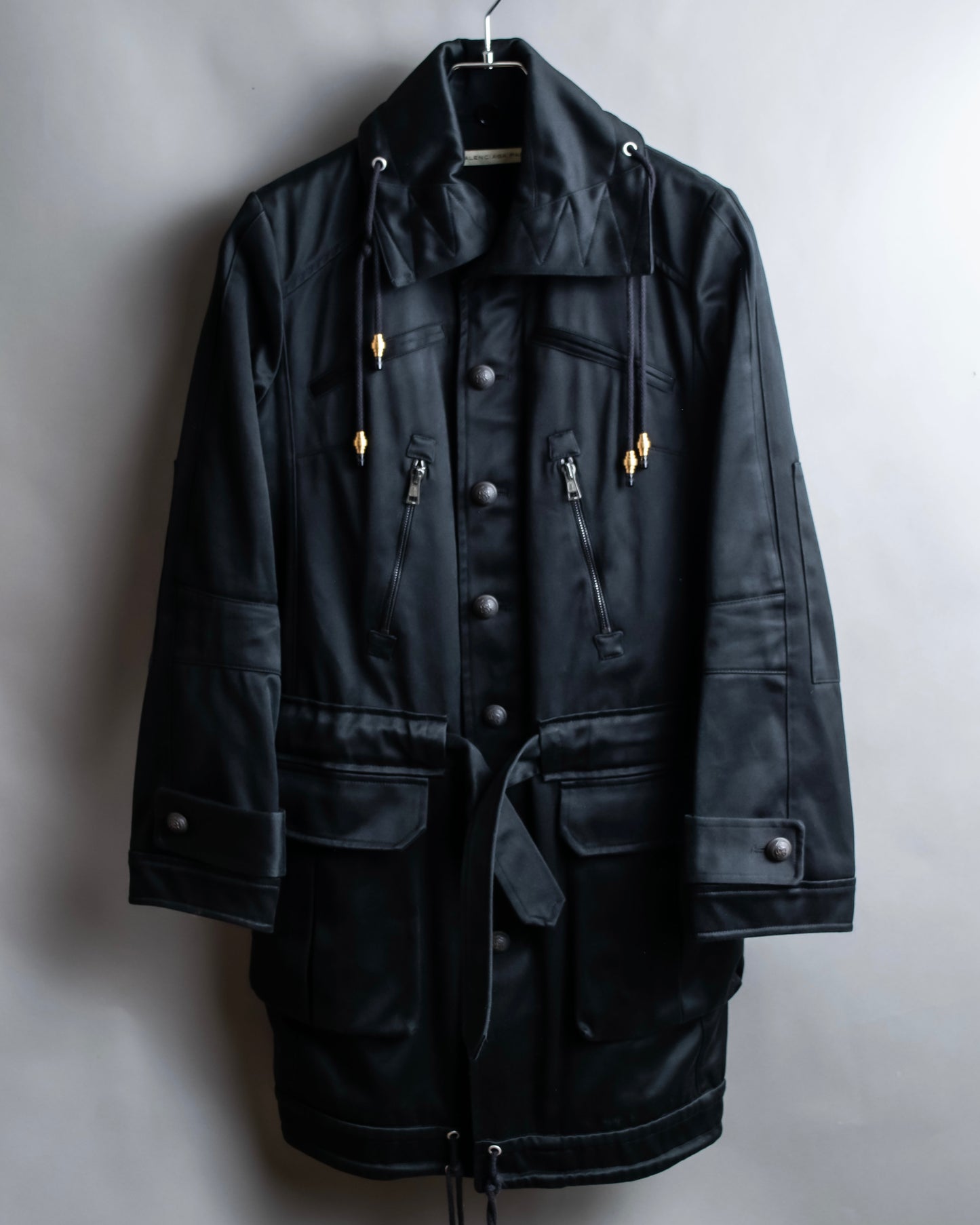 "BALENCIAGA" Glossy cotton military detail belted coat