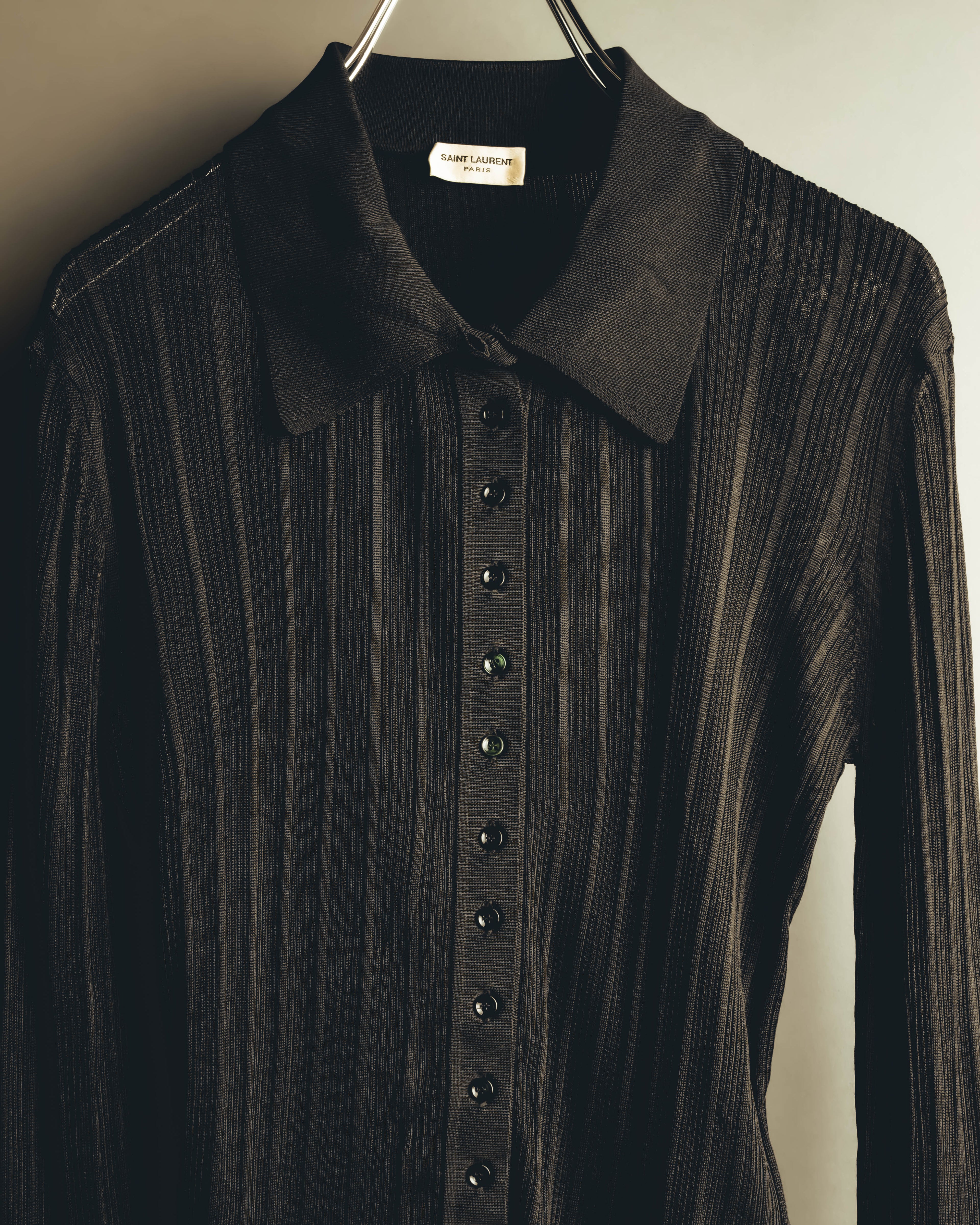 "SAINT LAURENT PARIS" 2020's Sheer ribbed silk blend polo cardigan
