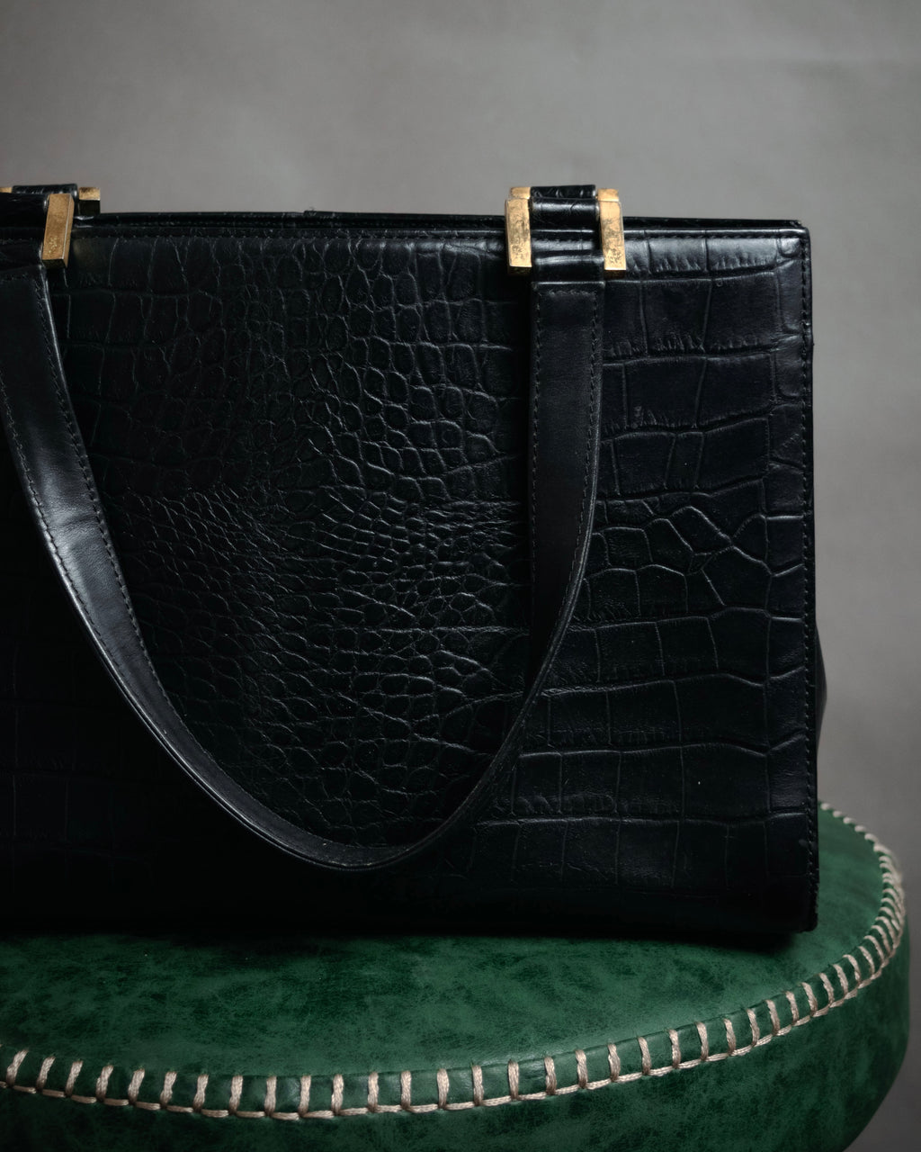“YVES SAINT LAURENT” 90’s–Early 00’s Croc embossed leather woven stitch tote bag