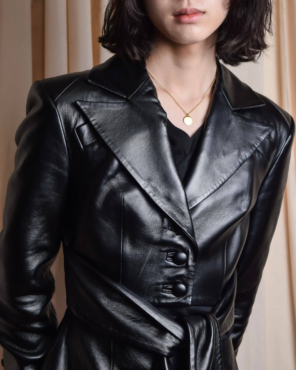 "MATÉRIEL TBILISI" Draped belted synthetic leather long jacket