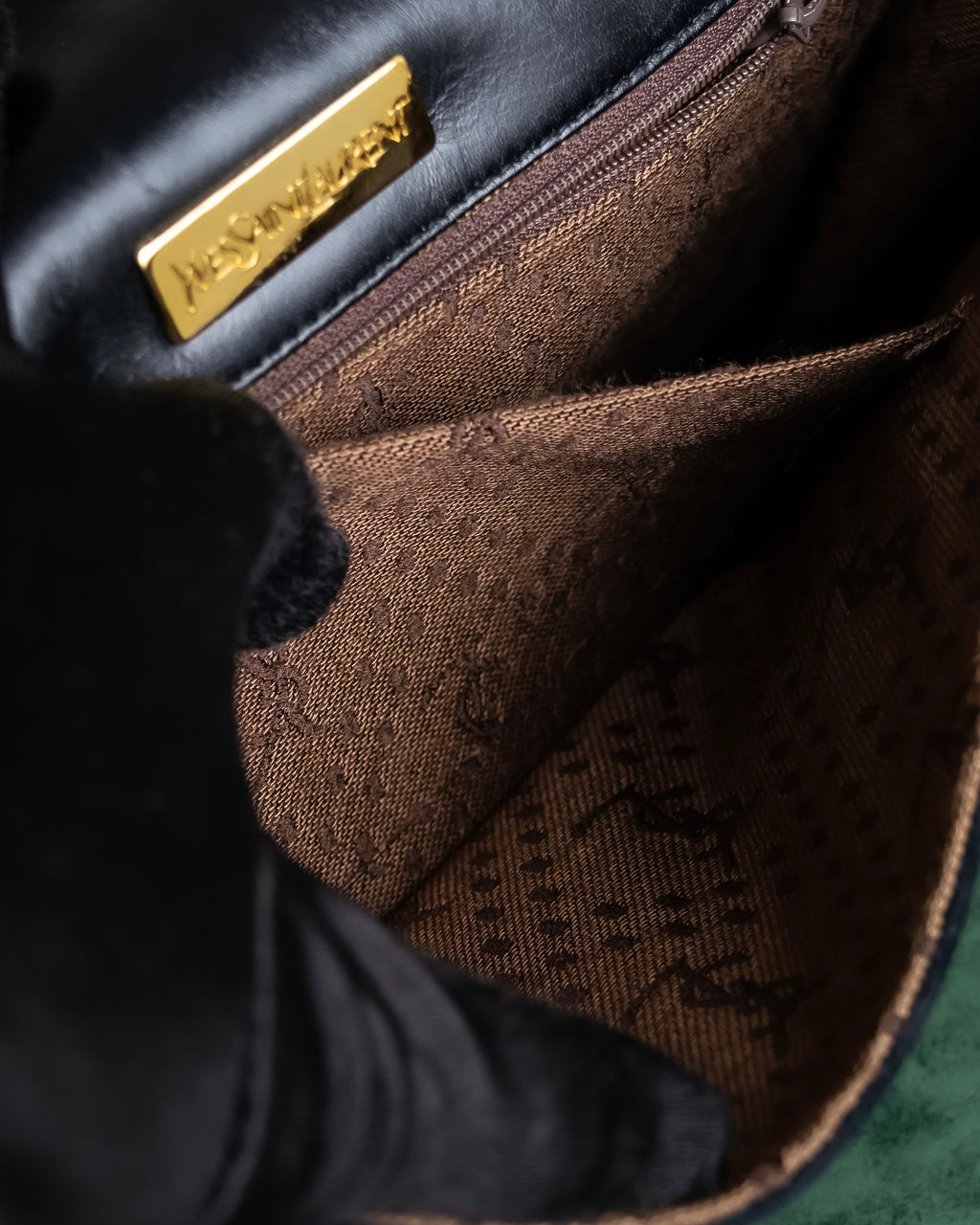 "YVES SAINT LAURENT" Gold medallion motif design suede leather shoulder bag