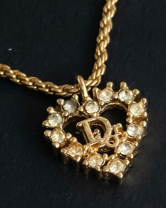 "Christian Dior" Rhinestone studded CD logo design in gold necklace