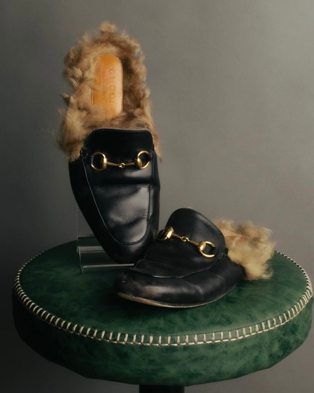 "GUCCI" 2010's Fur lined horsebit backless loafer