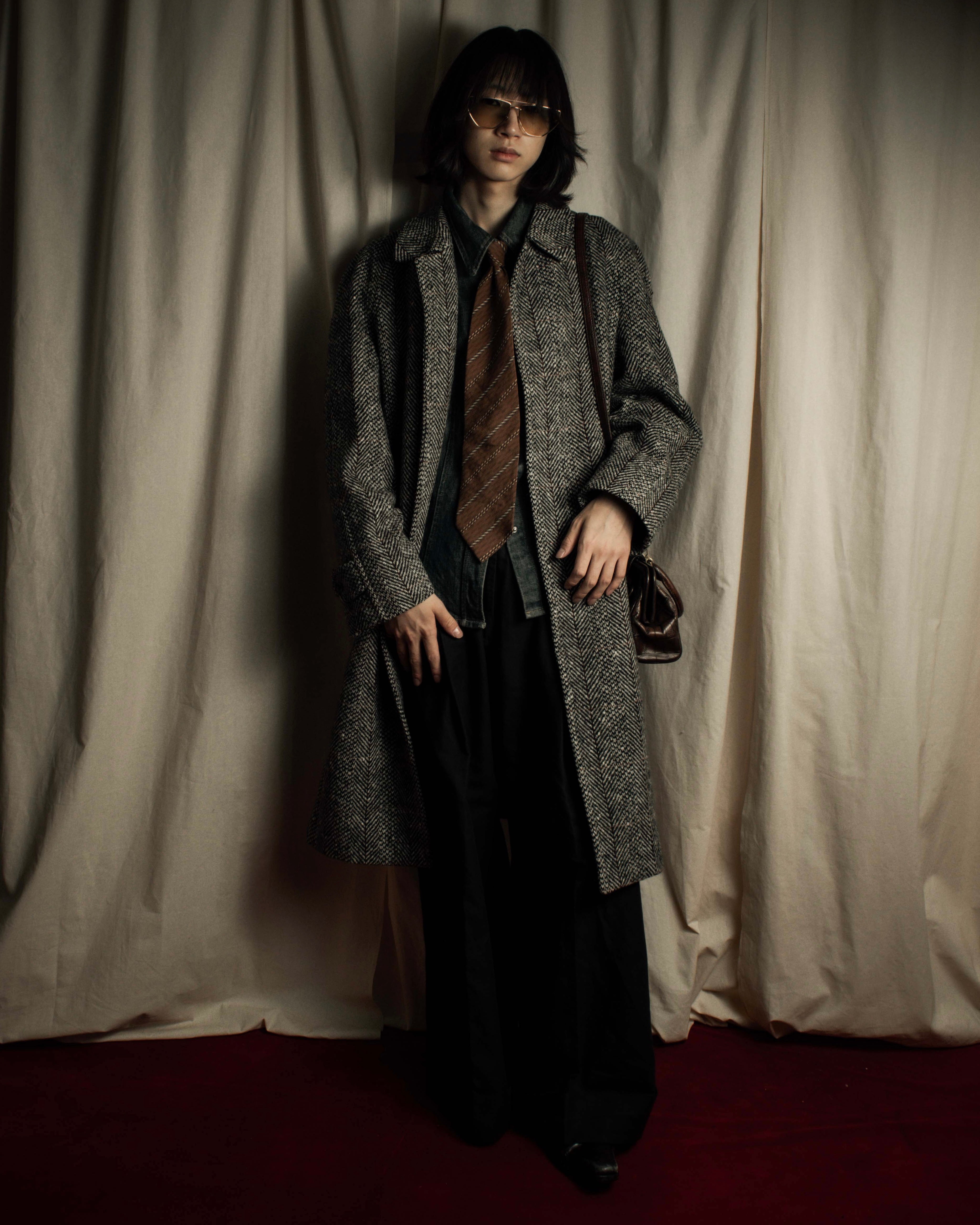 "BURBERRYS" British tweed fly front stand collar coat