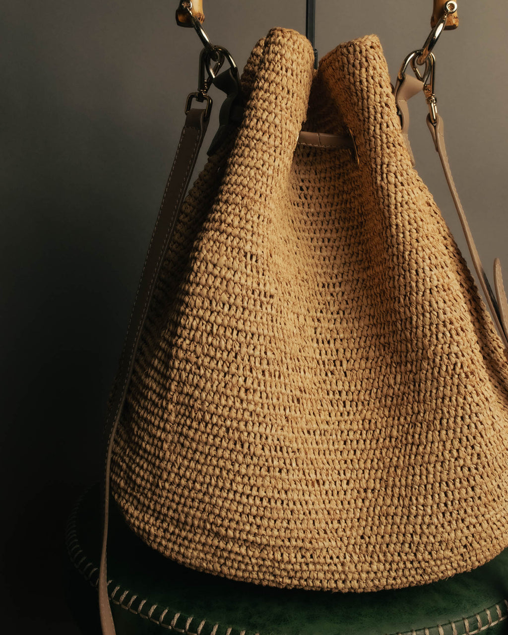 “Heidi Klein” Natural raffia bamboo handle bucket bag