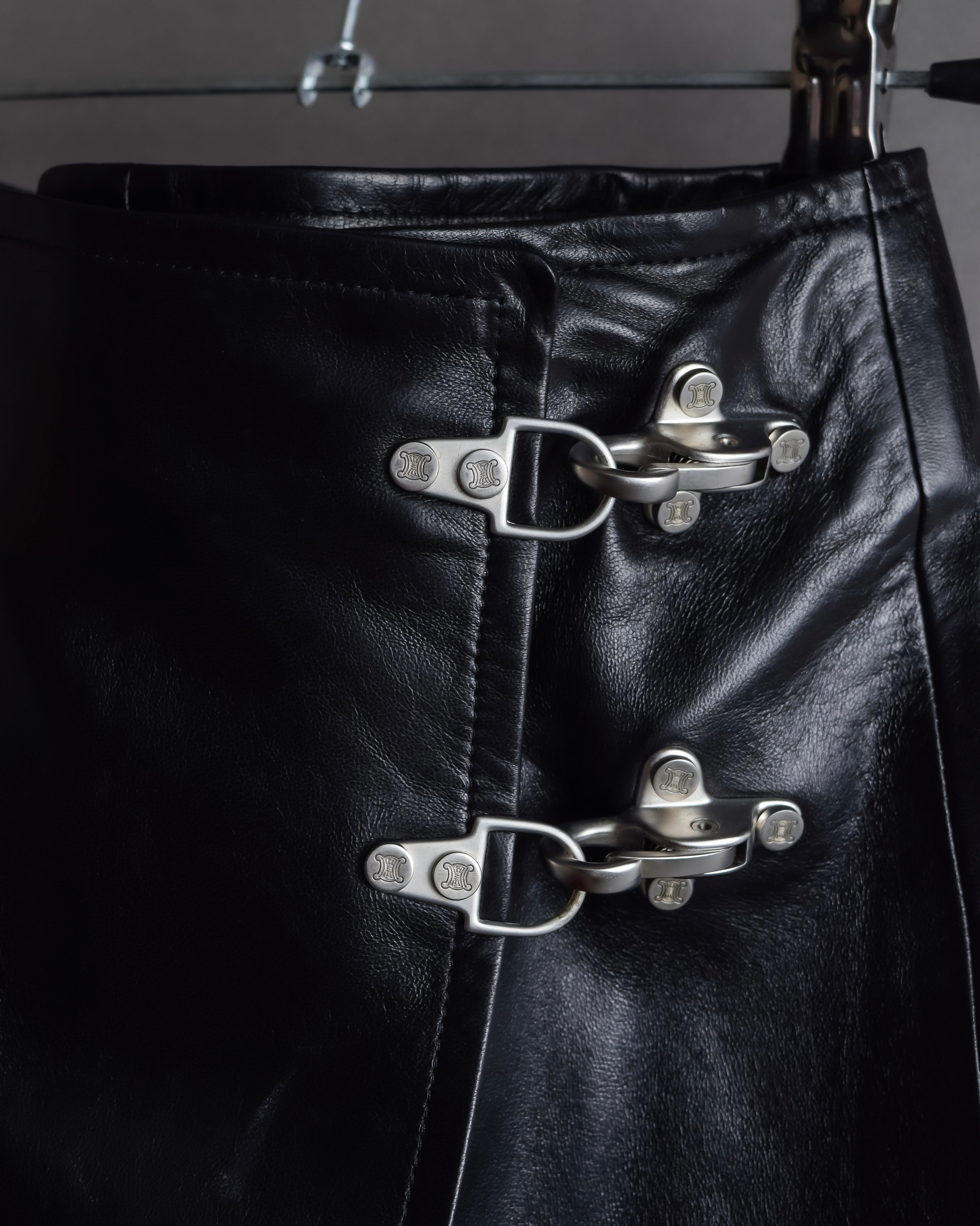 "CELINE" Front metal buckle detail leather skirt