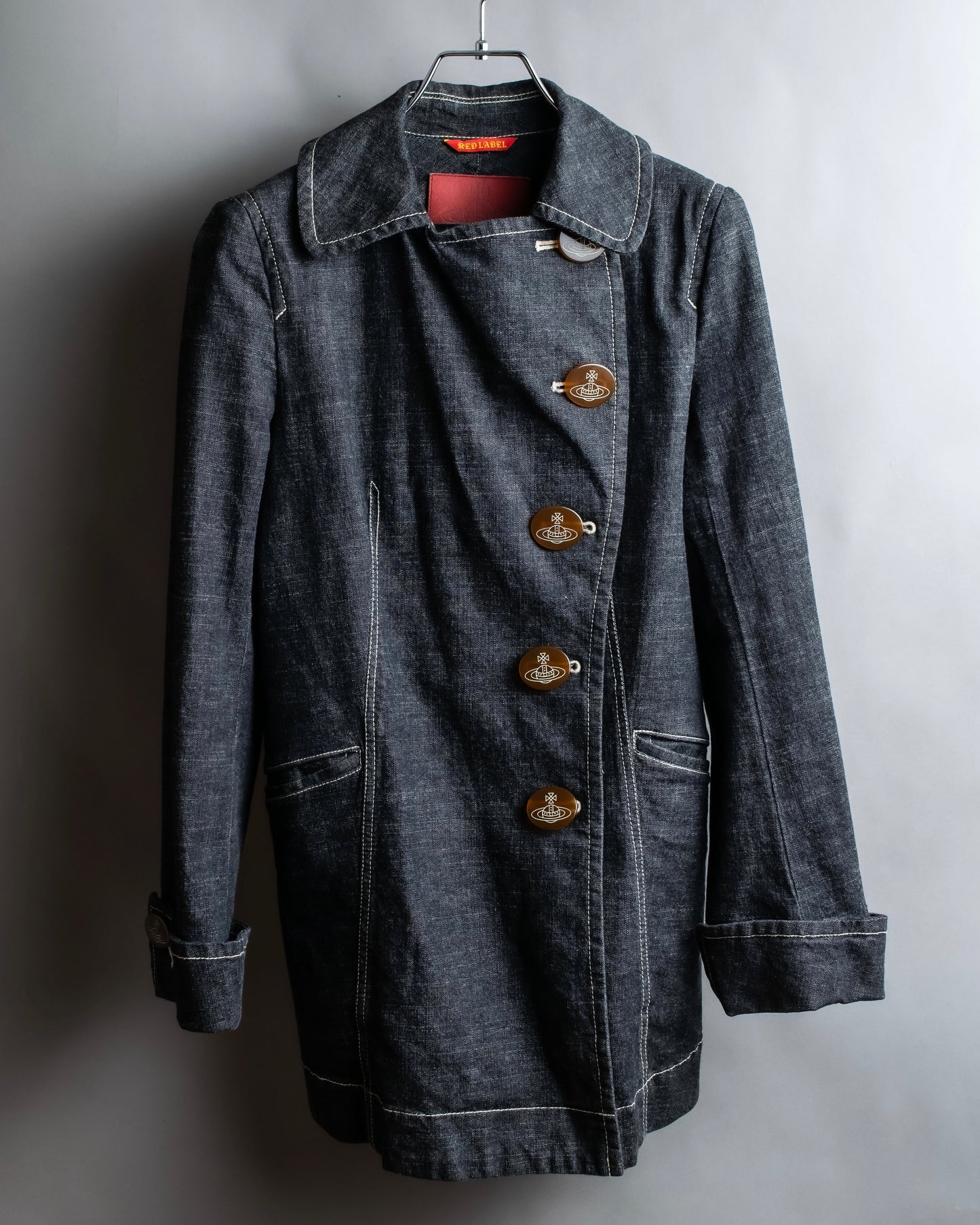 "Vivienne Westwood RED LABEL" Asymmetrical button design mid length denim coat