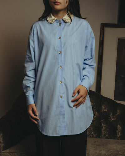 -SPECIAL- "GUCCI" 2010's-20's Pearl embellished detachable collar striped long shirt