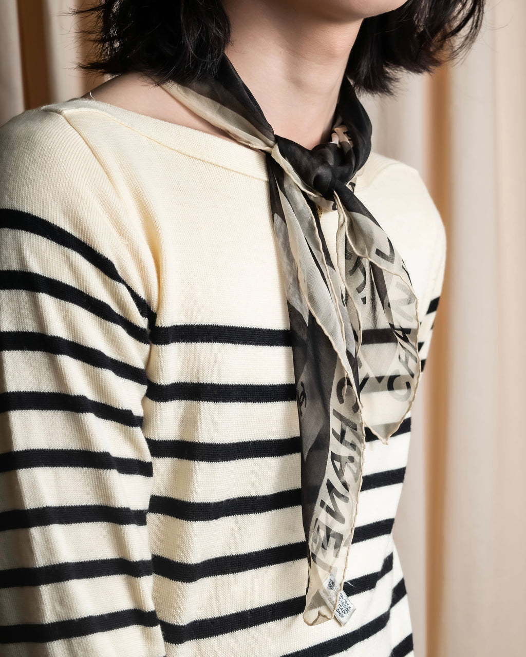 "CHANEL" Coco mark grid pattern silk scarf