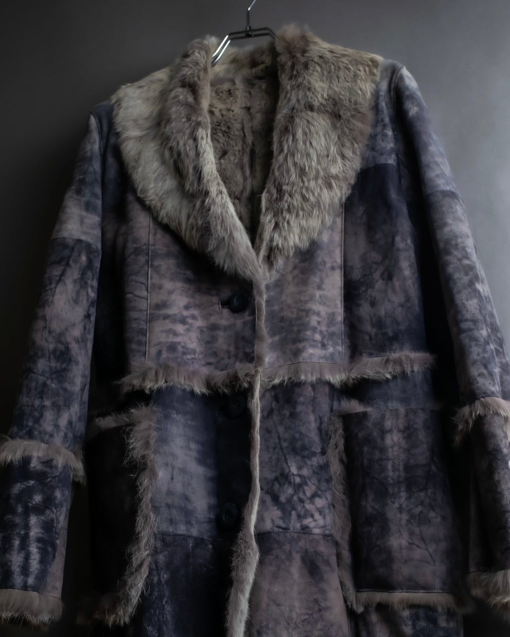 Fur switching design suede long coat