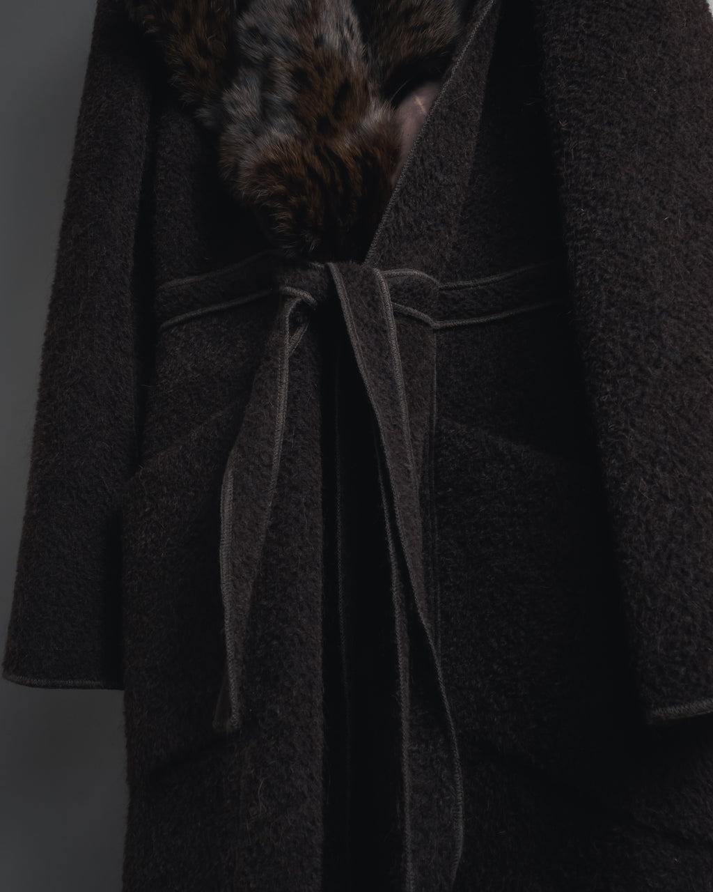 "FENDI" 90’s-00’s Sculptural belted leopard cat fur collar alpaca coat