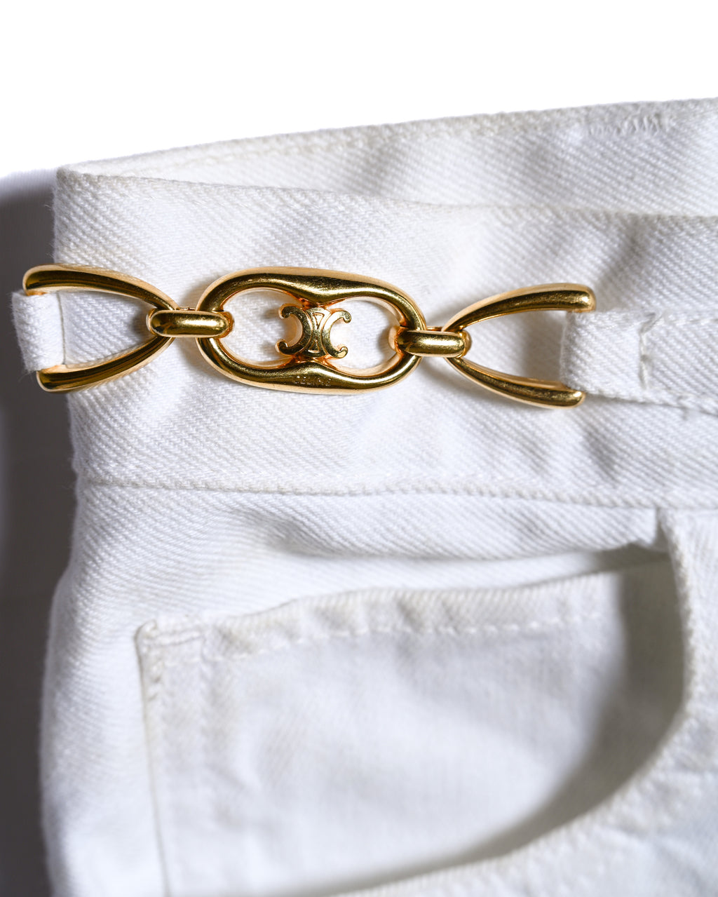 CELINE/ Triomphe Waist Designed Denim Shorts White