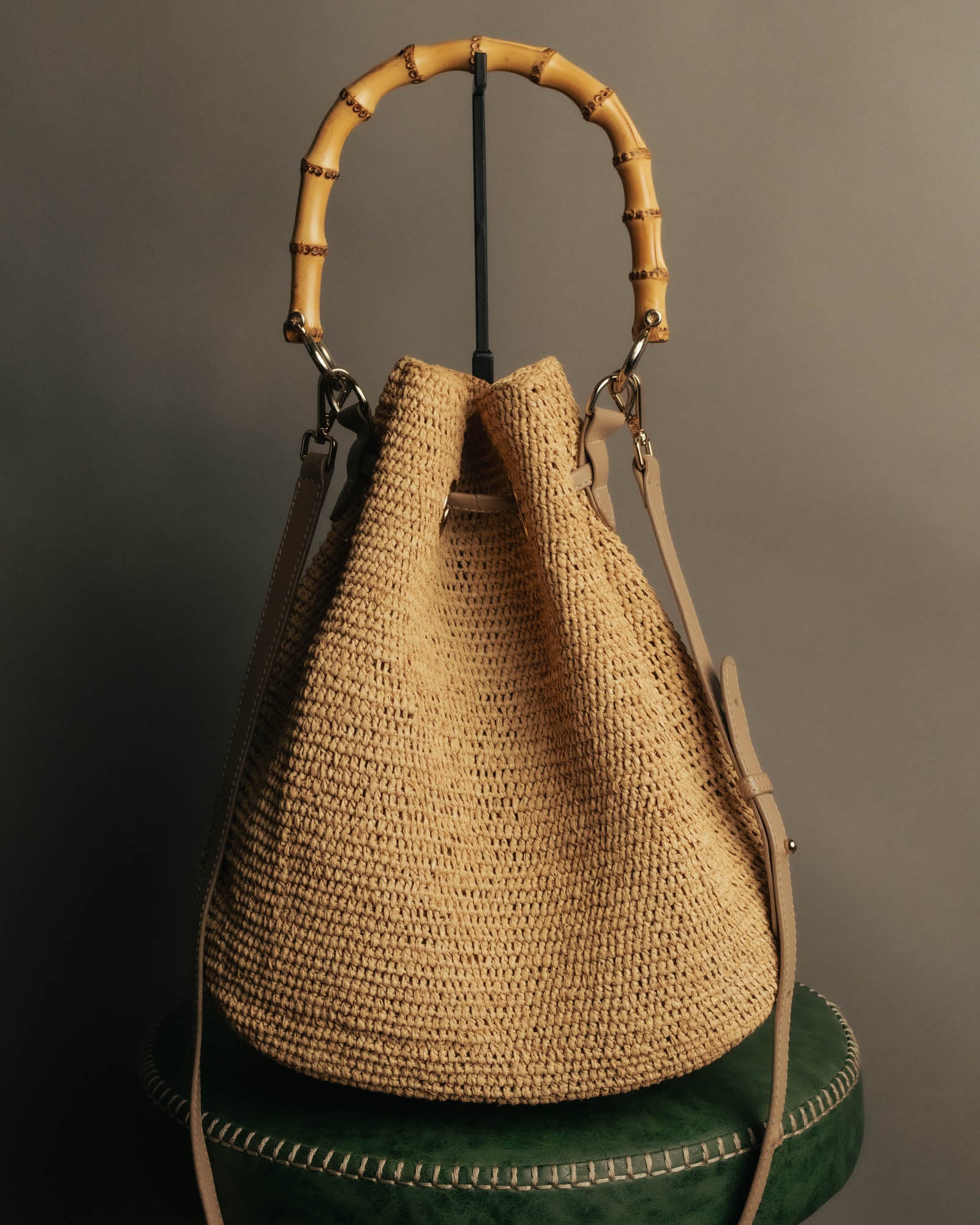“Heidi Klein” Natural raffia bamboo handle bucket bag