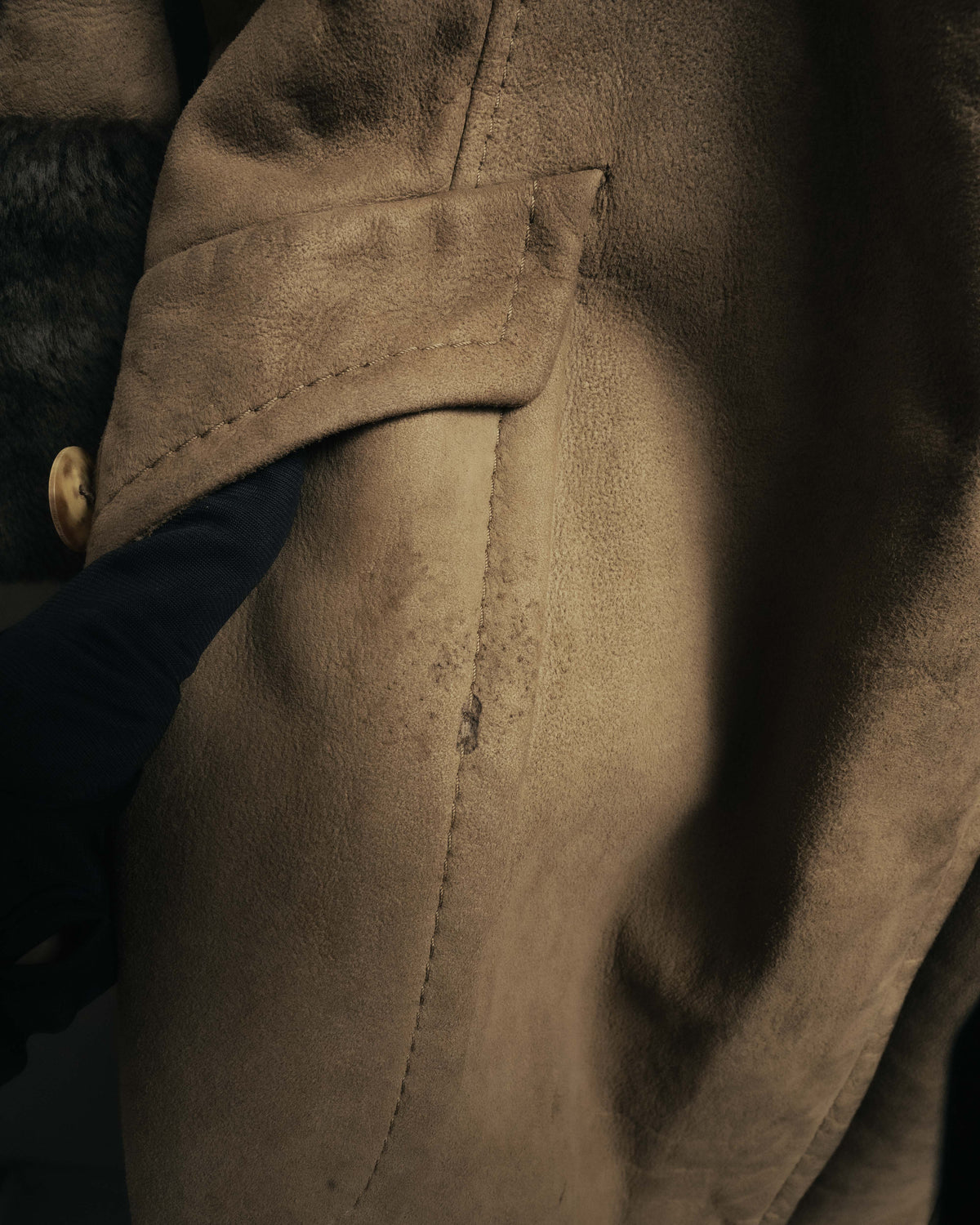 “LOEWE” 70’s-early 90’s Suede shearling belted long coat