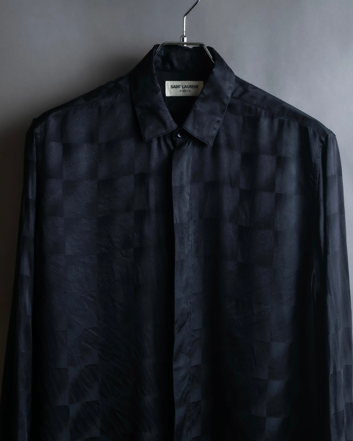 "Saint Laurent Paris" Geometric pattern fly front silk shirt