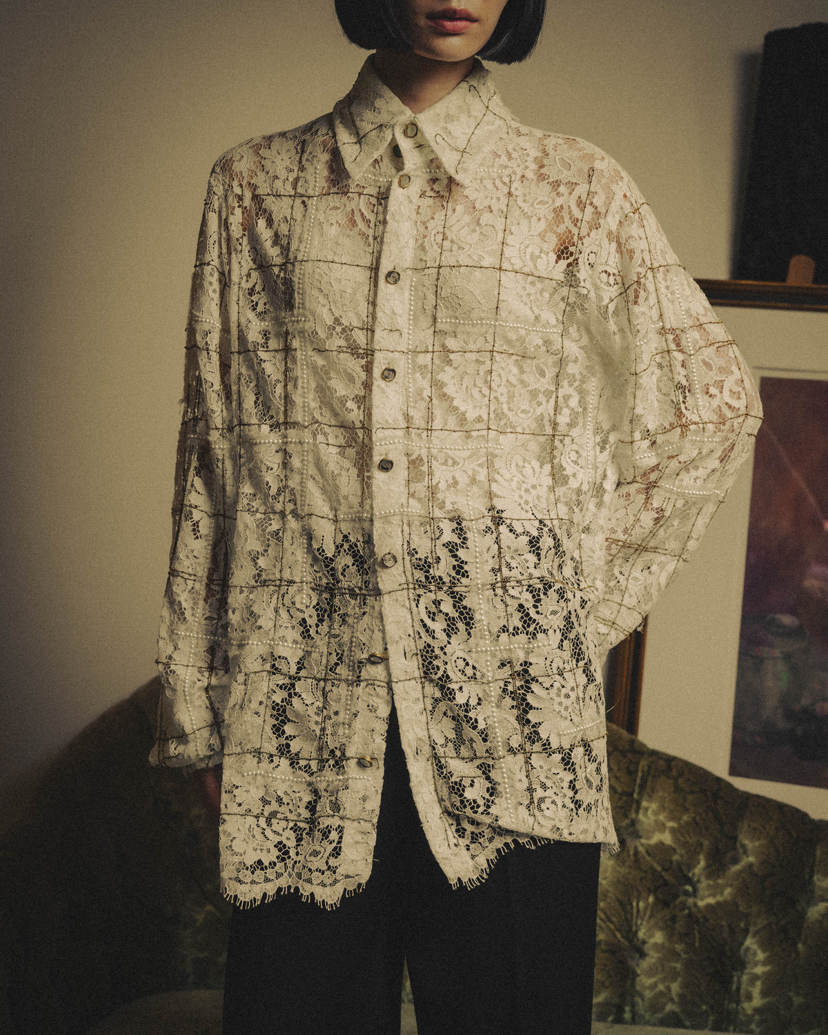 -SPECIAL- "CHANEL" 10's-20's Embellished floral lace and pearl check oversized shirt