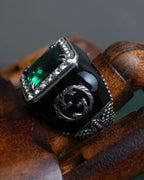 "GUCCI" Emerald color rhinestone GG motif engraved signet ring