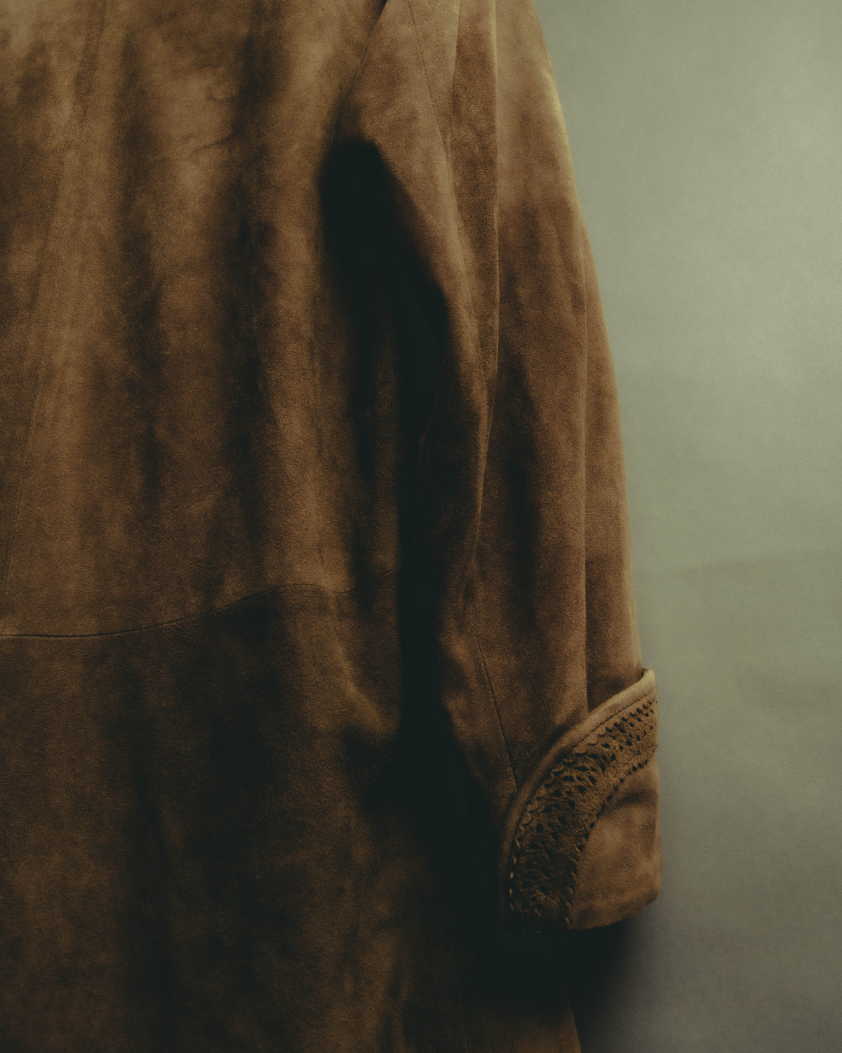 -SPECIAL- “LOEWE” 70’s-80’s Perforated trim suede long jacket