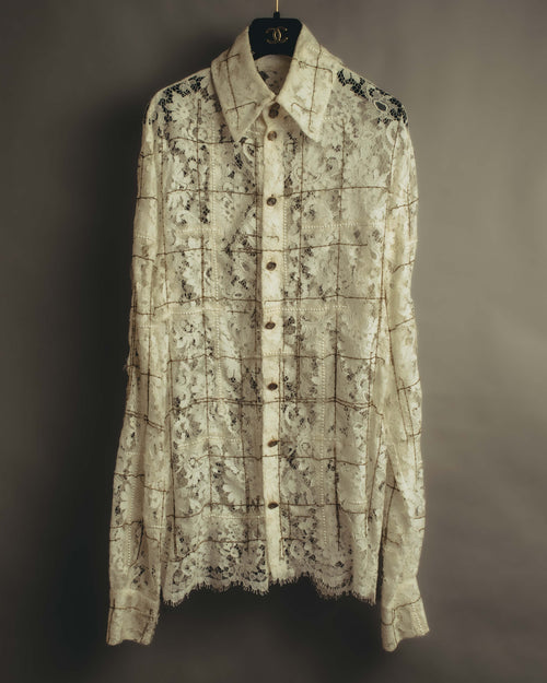 -SPECIAL- "CHANEL" 10's-20's Embellished floral lace and pearl check oversized shirt