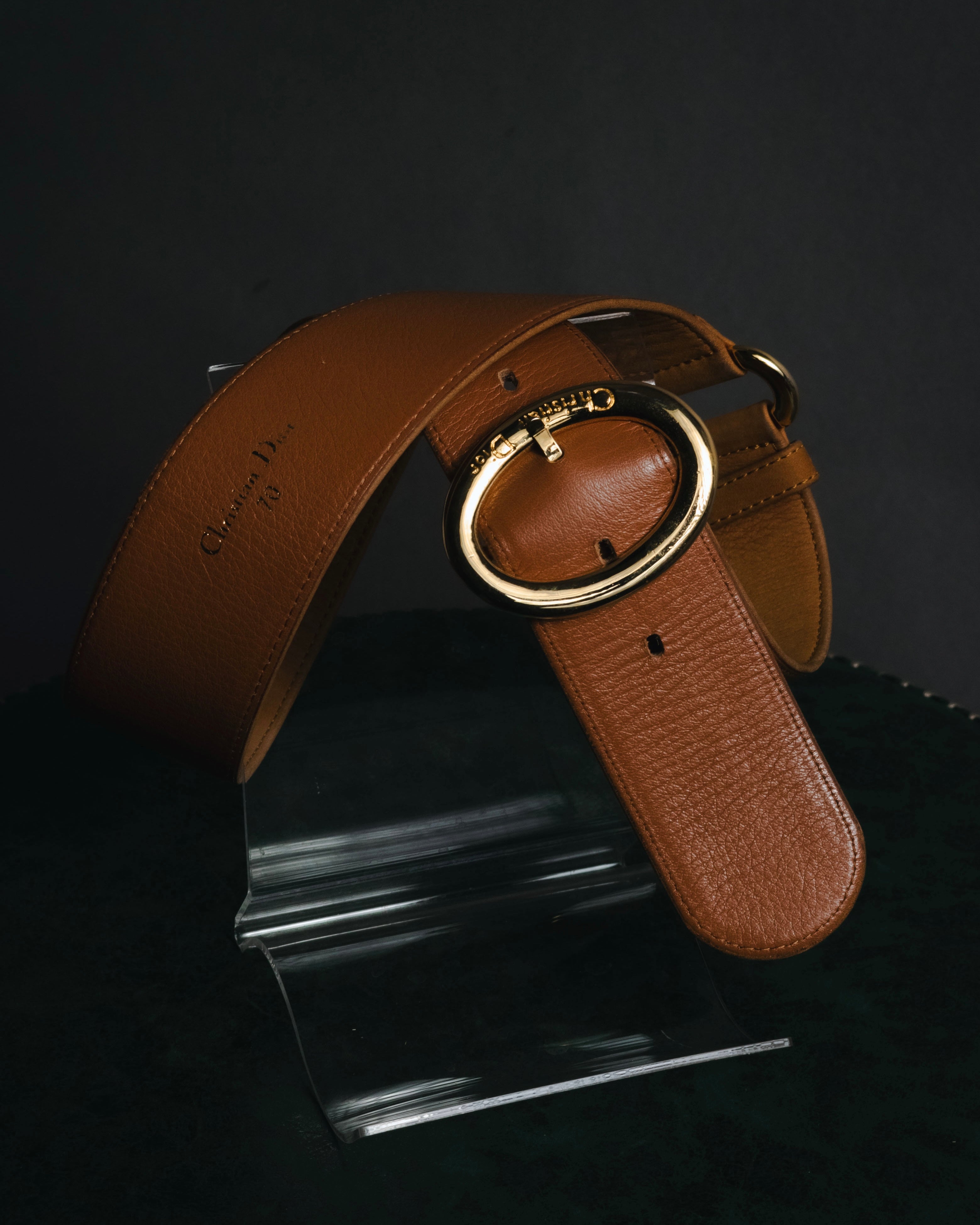 "Christian Dior" 98’s-05’s Wide grained oval logo buckle leather belt