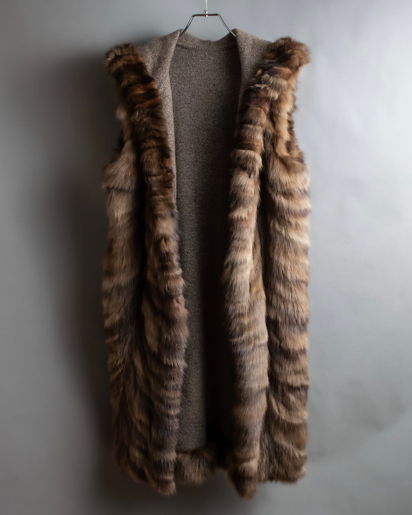 Vintage cashmere knit fur dogged reversible long gilet