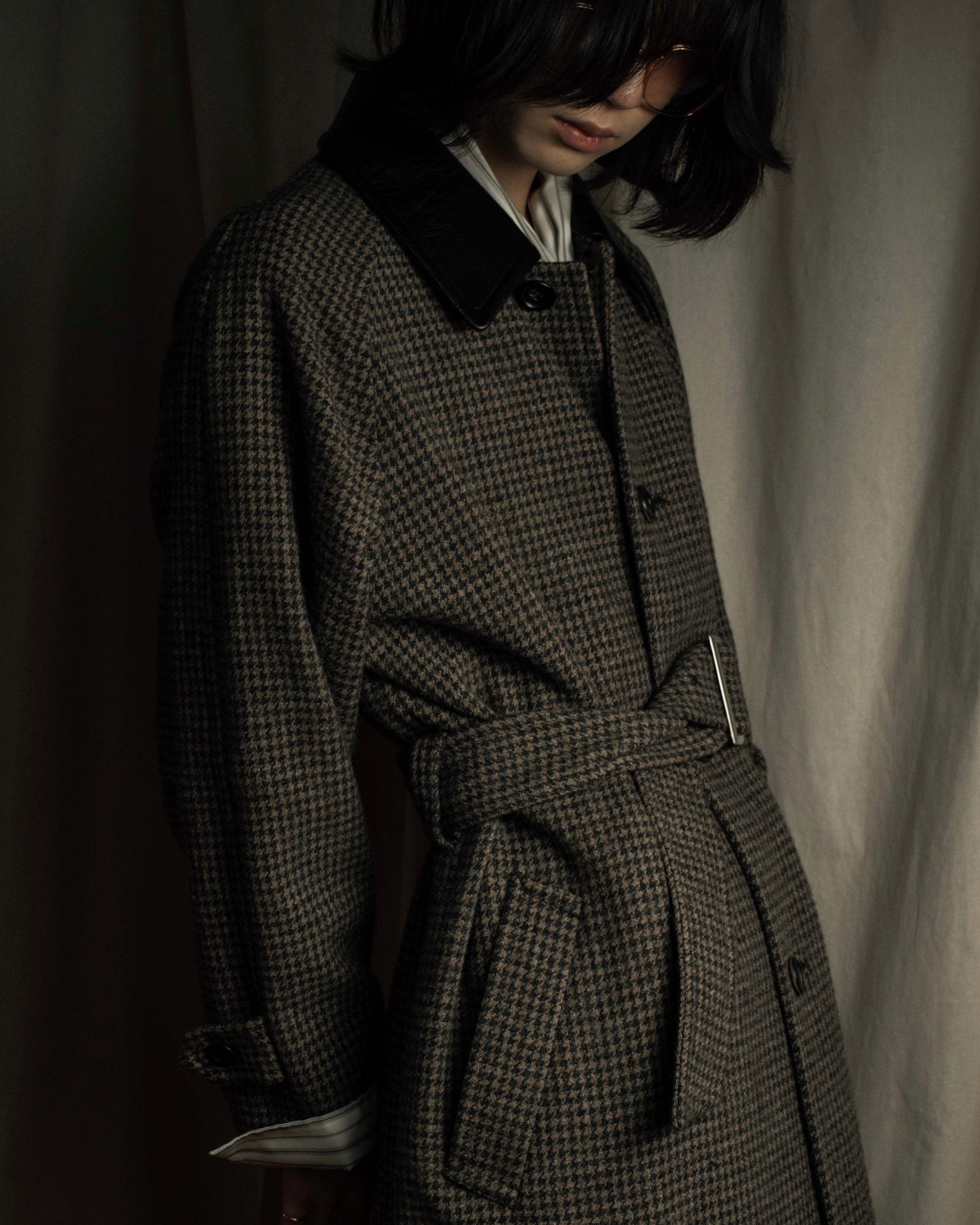 "tricot COMME des GARCONS" Leather collar design houndstooth pattern oversized long coat