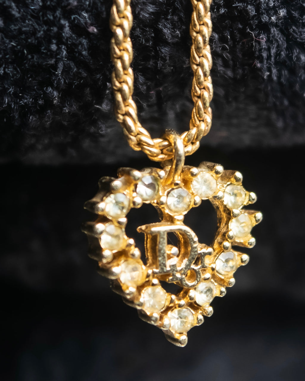 "Christian Dior" Rhinestone studded CD logo design in gold necklace