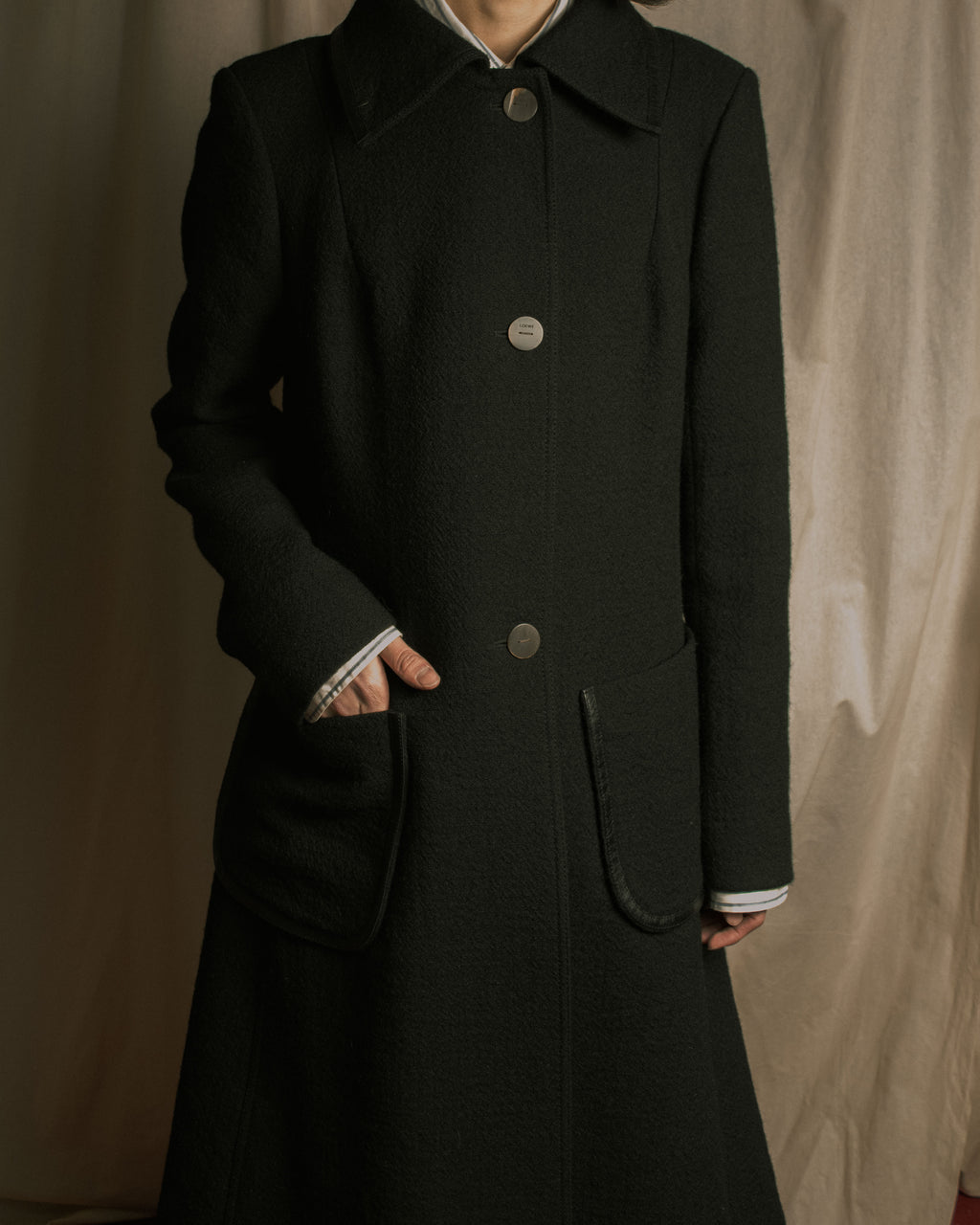 –SPECIALS– "LOEWE" 2017-2018 Minimal a-line calfskin piping coat