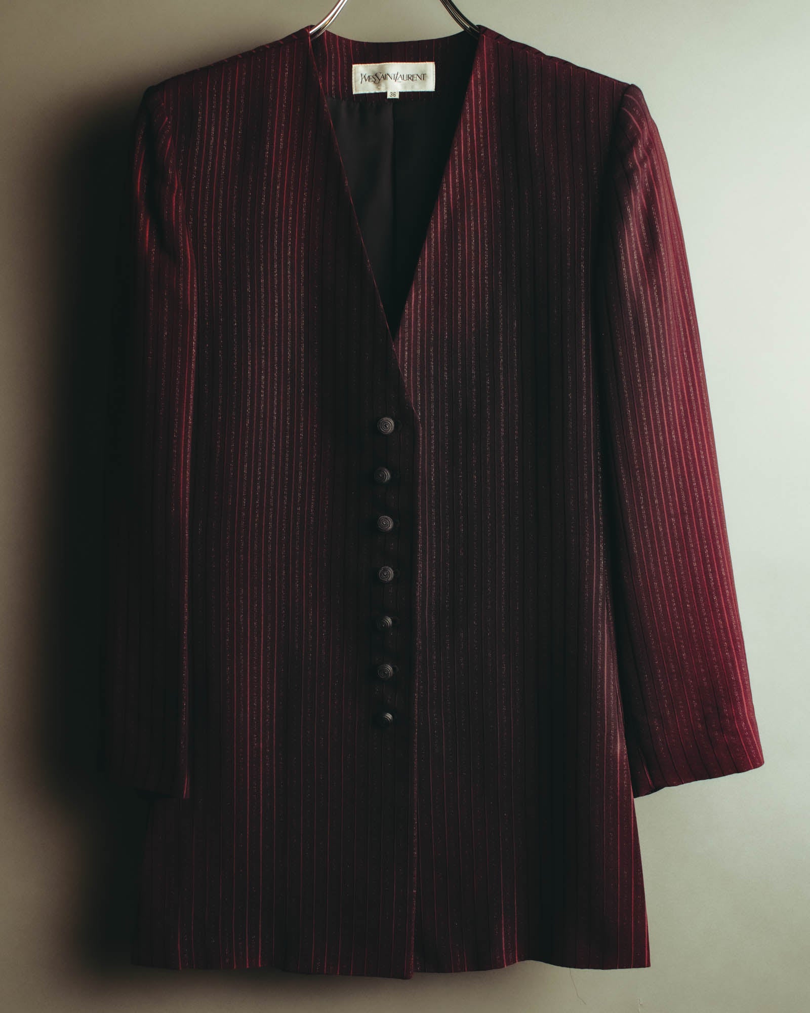 -SPECIAL- “Yves Saint Laurent“ 80's-90's Swiss fabric lurex stripe collarless long jacket