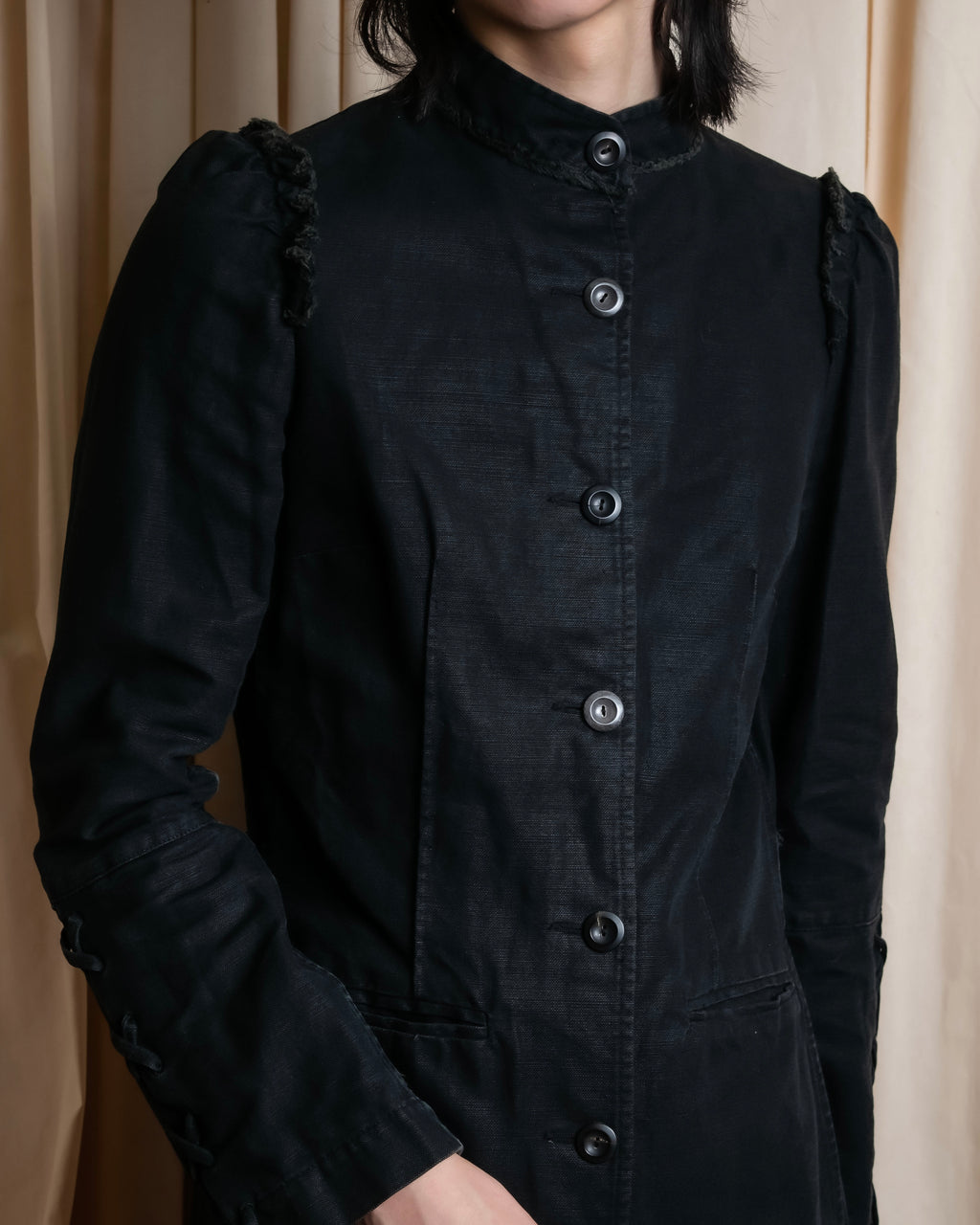 "vanessa bruno" Lace fringe design drawstring cotton linen shirt dress