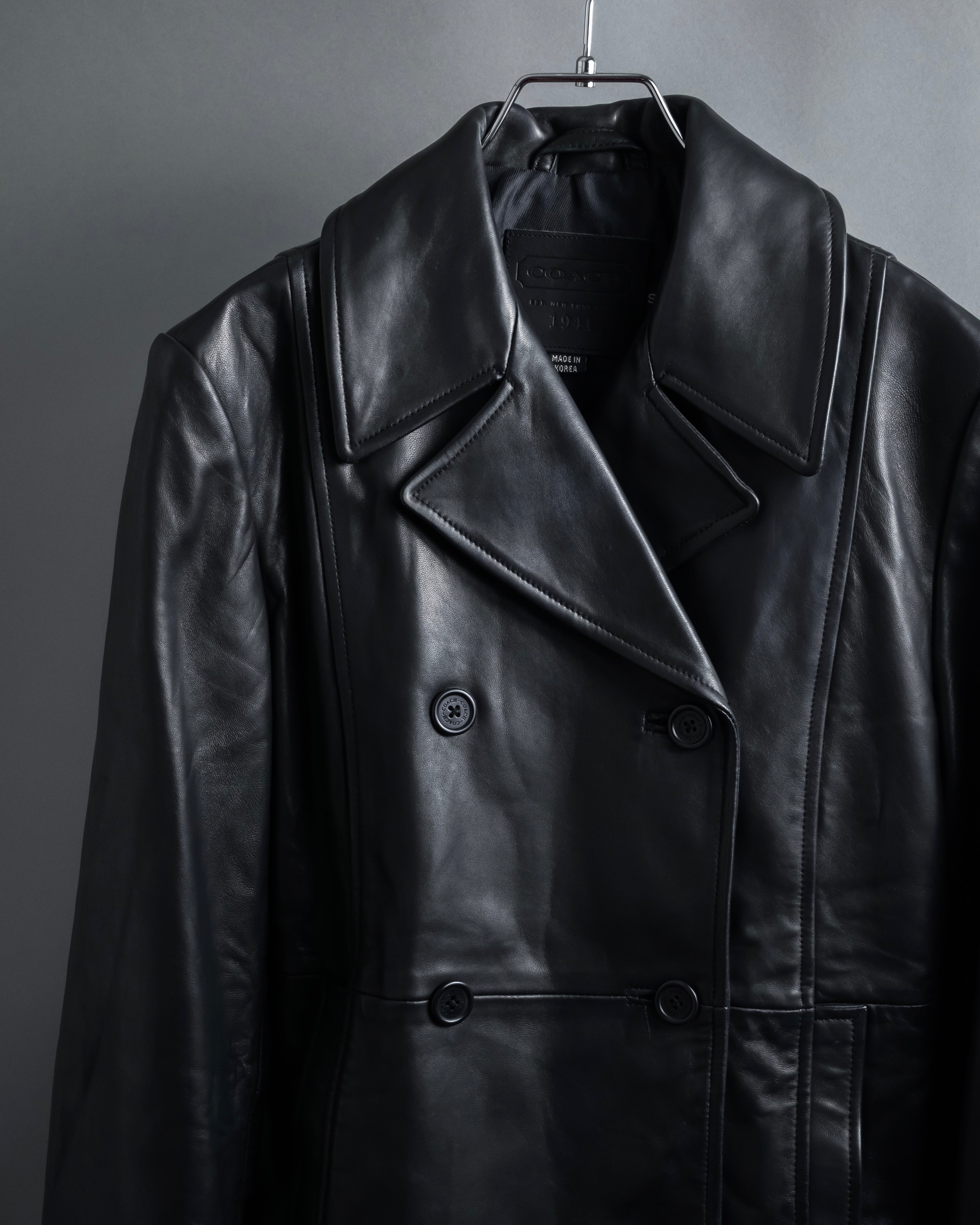 "COACH" Double-breasted panel work design leather coat