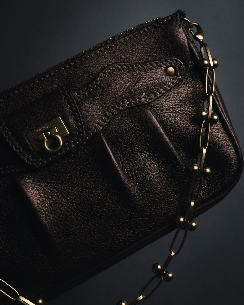 "Salvatore Ferragamo" 2000’s gathered metallic leather ball-link shoulder bag