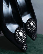 "HERMES" Jewelry design suede heel pumps