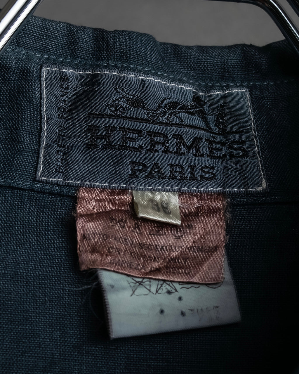 "HERMES" 90's Military detail linen long shirt dress