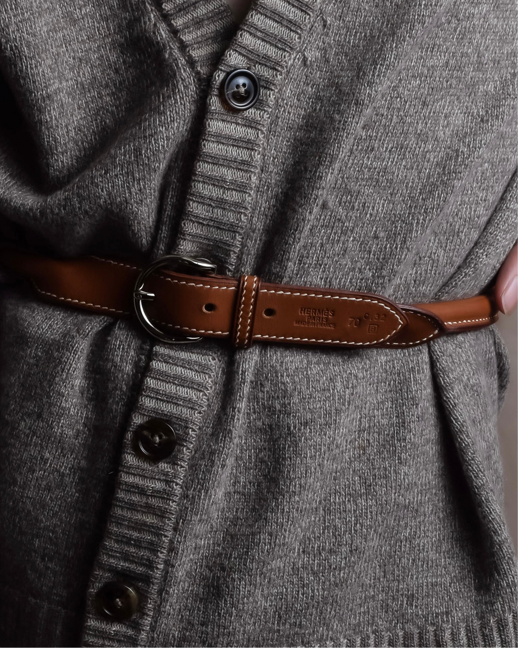 "HERMES" Hand stitched contrast saddle leather belt