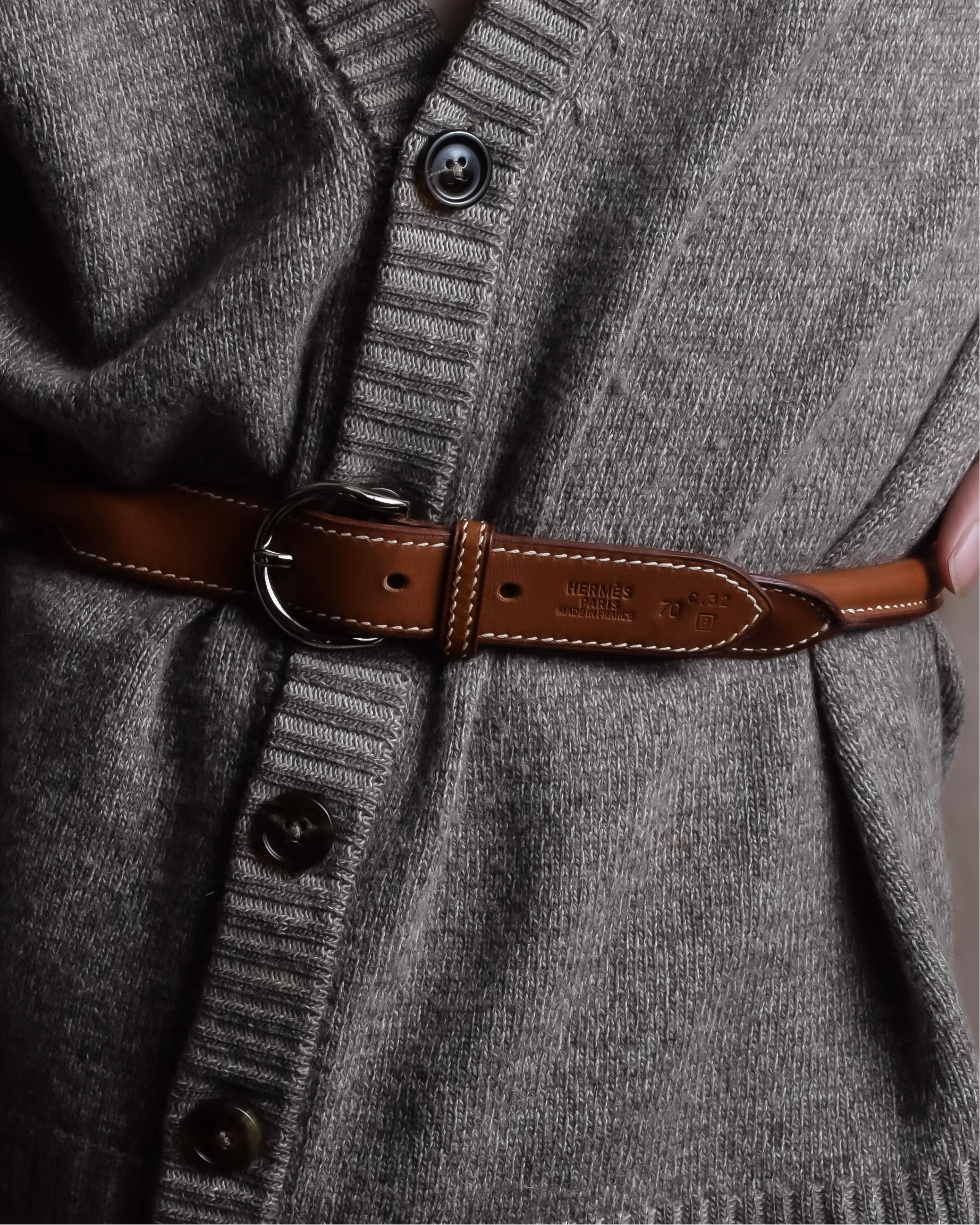 "HERMES" Hand stitched contrast saddle leather belt