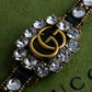 "GUCCI" Double G motif rhinestone leather bracelet