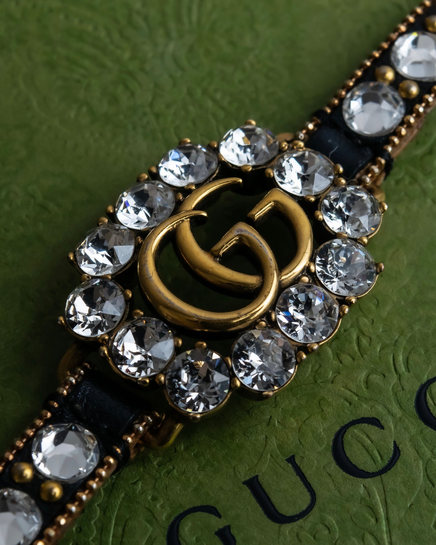 "GUCCI" Double G motif rhinestone leather bracelet