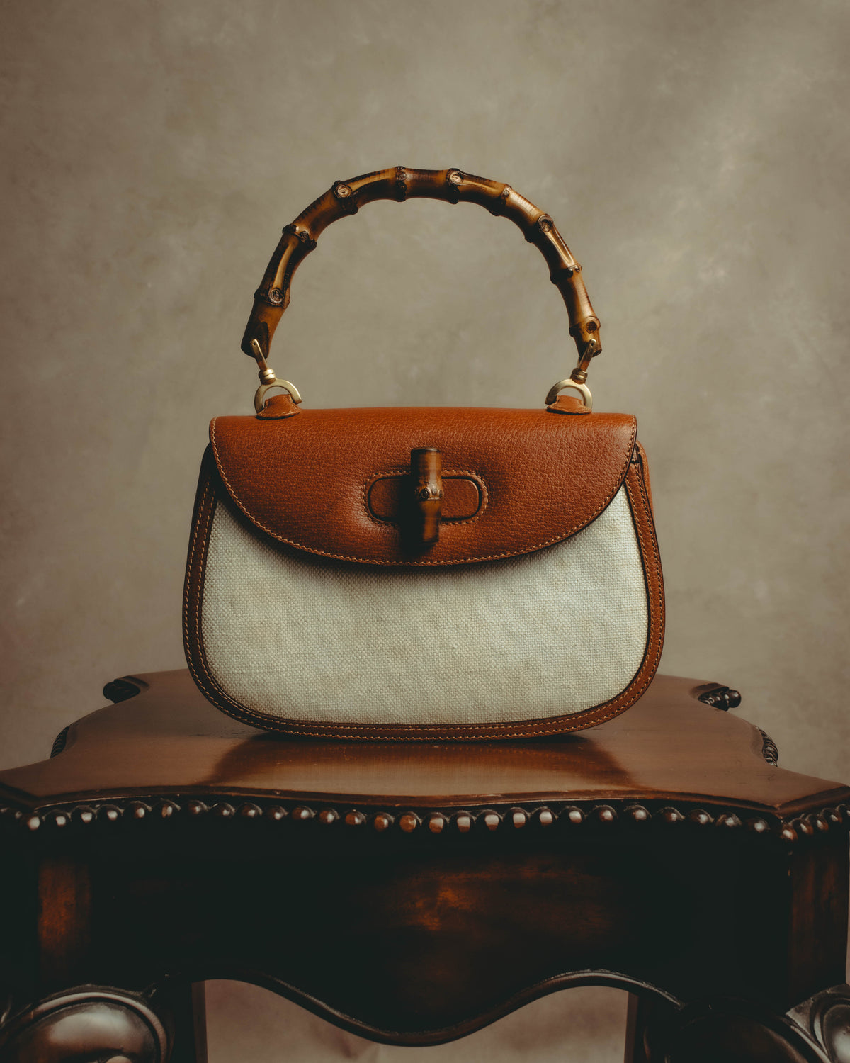 -SPECIAL- “GUCCI” 90’s-00’s Bamboo handle canvas panel top handle bag